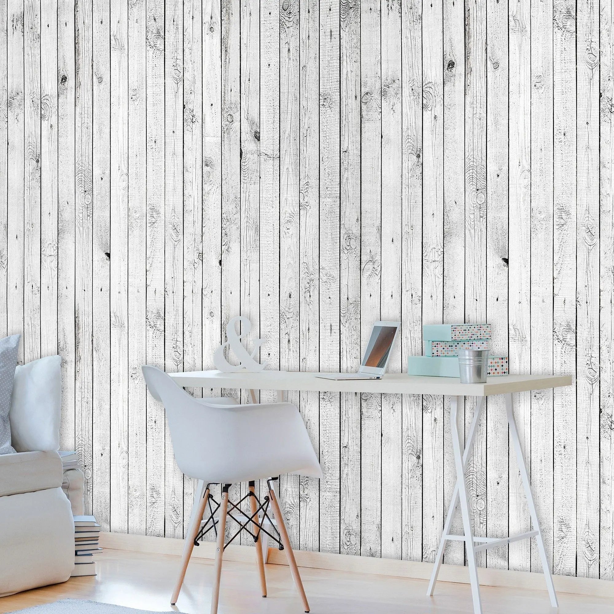 Billede 7 af Fototapet - Lysegrå træplanker med knaster