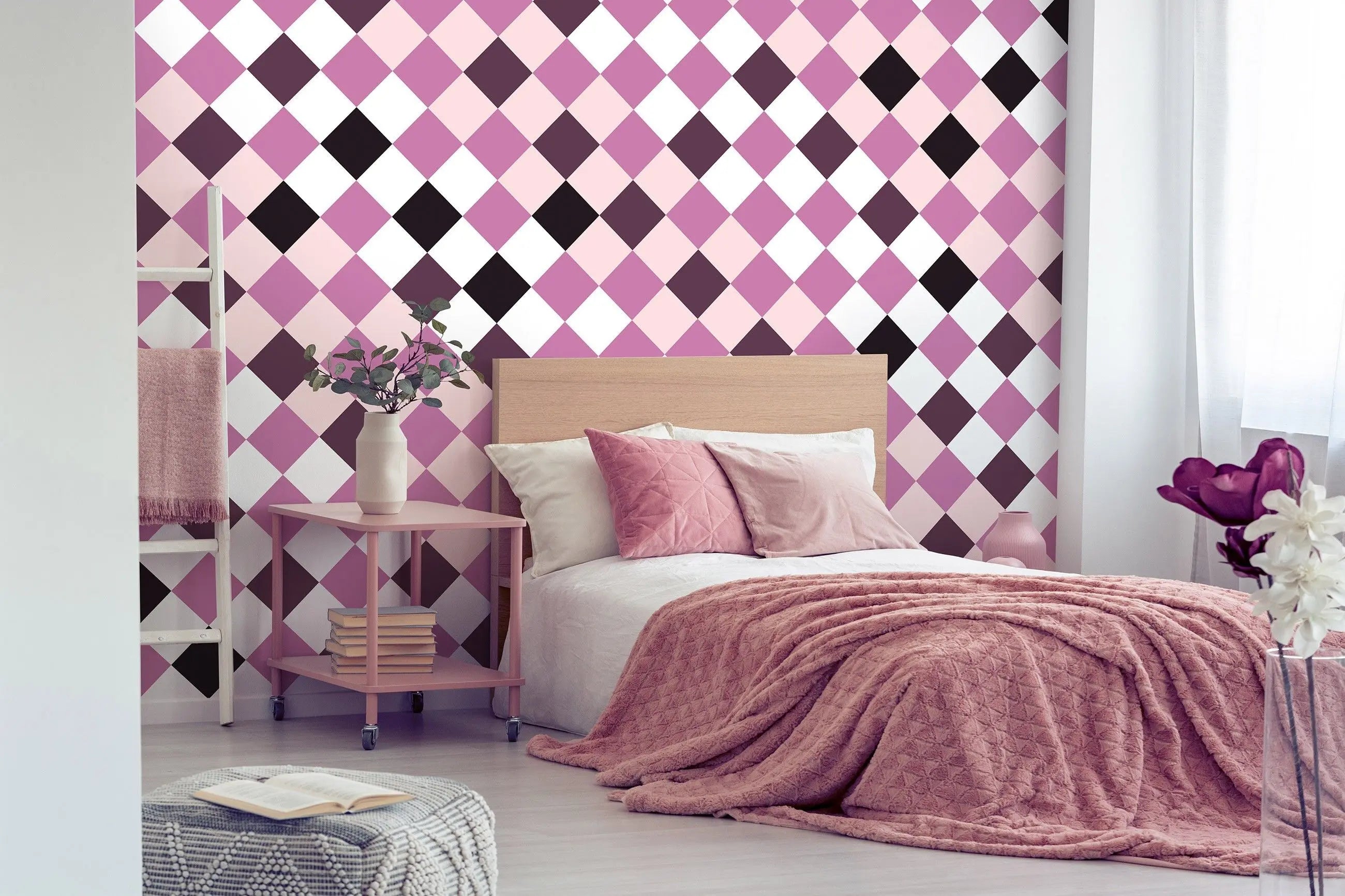 Billede 11 af Fototapet - Lyserød og lilla harlekinternet med hvide felter