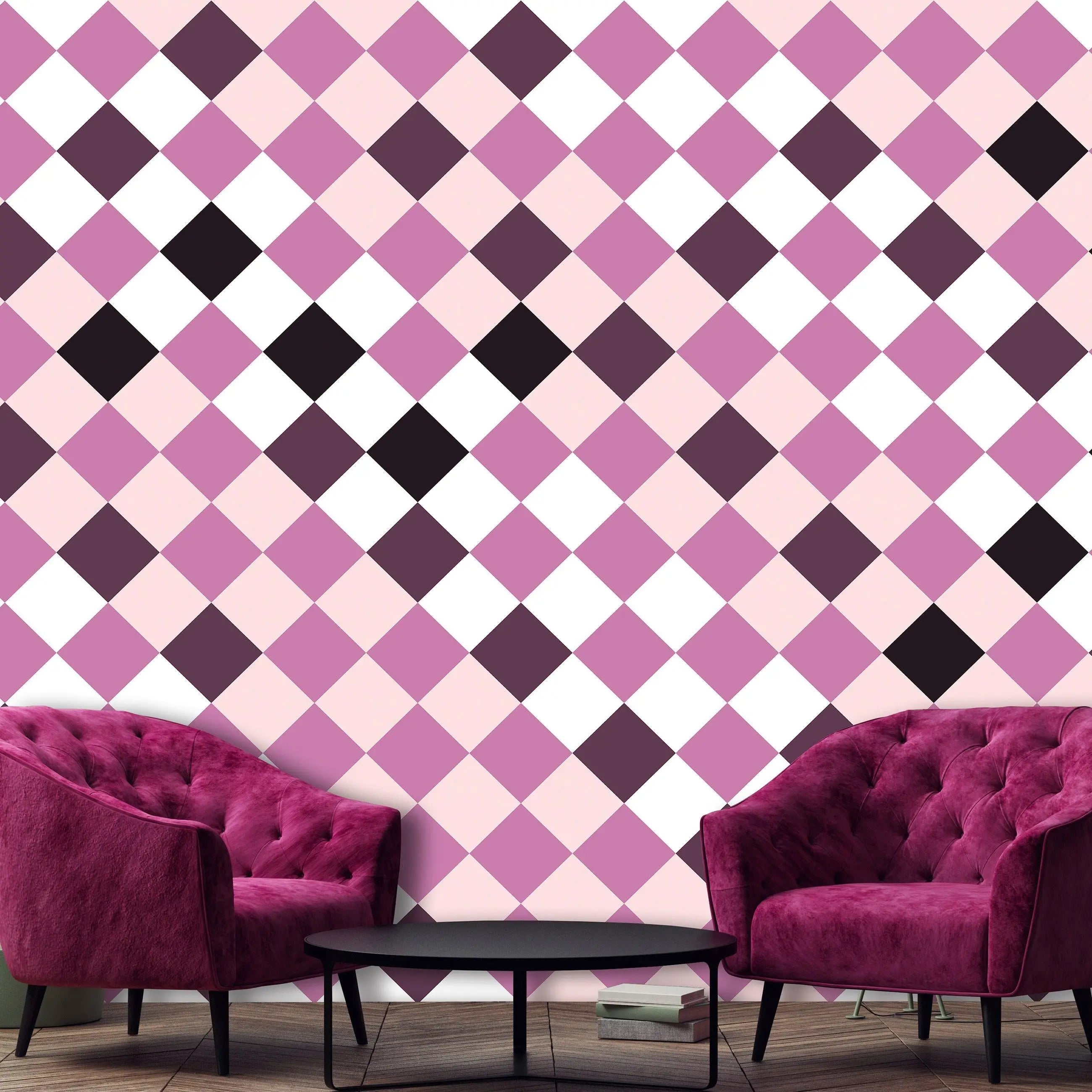 Billede 13 af Fototapet - Lyserød og lilla harlekinternet med hvide felter