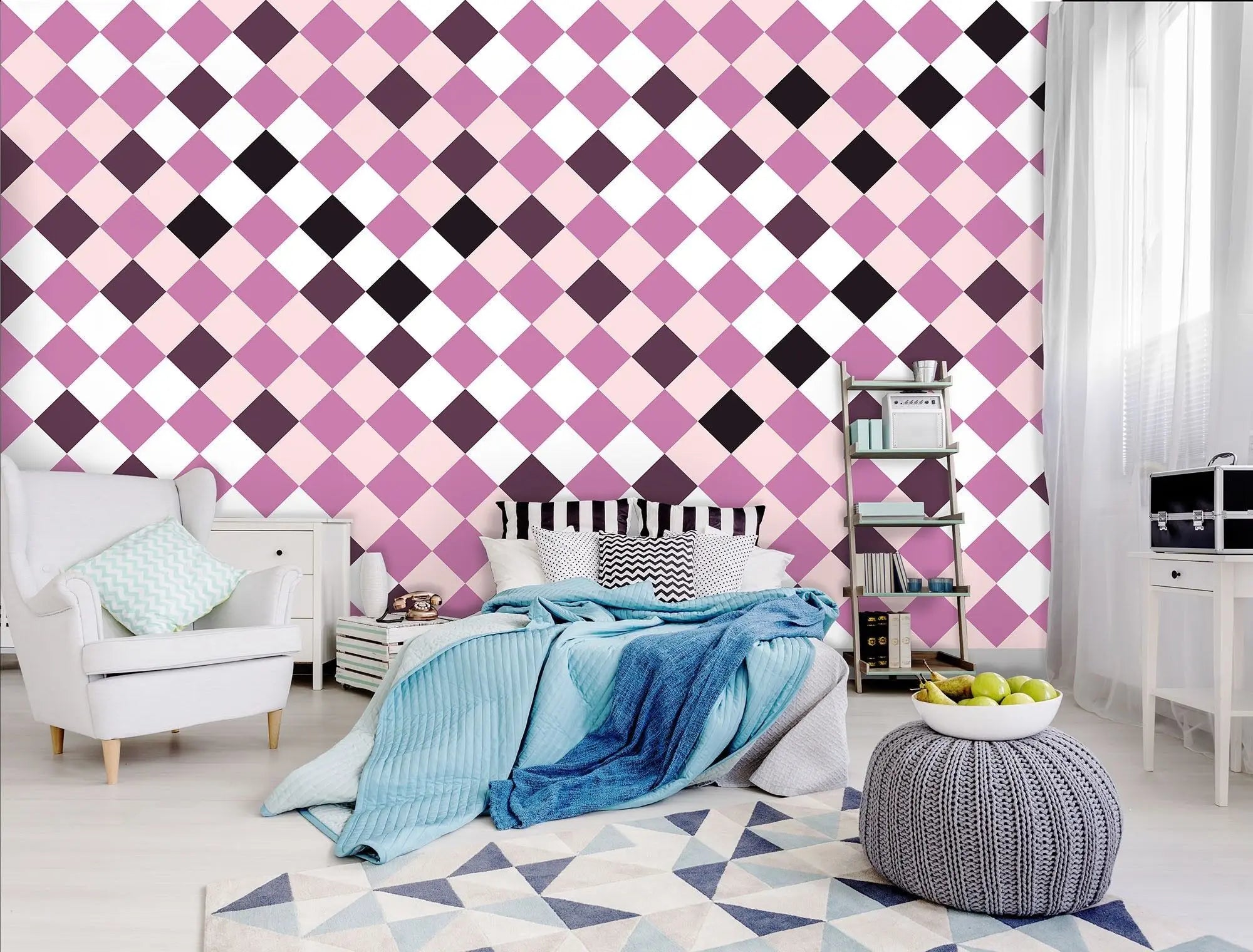 Billede 6 af Fototapet - Lyserød og lilla harlekinternet med hvide felter