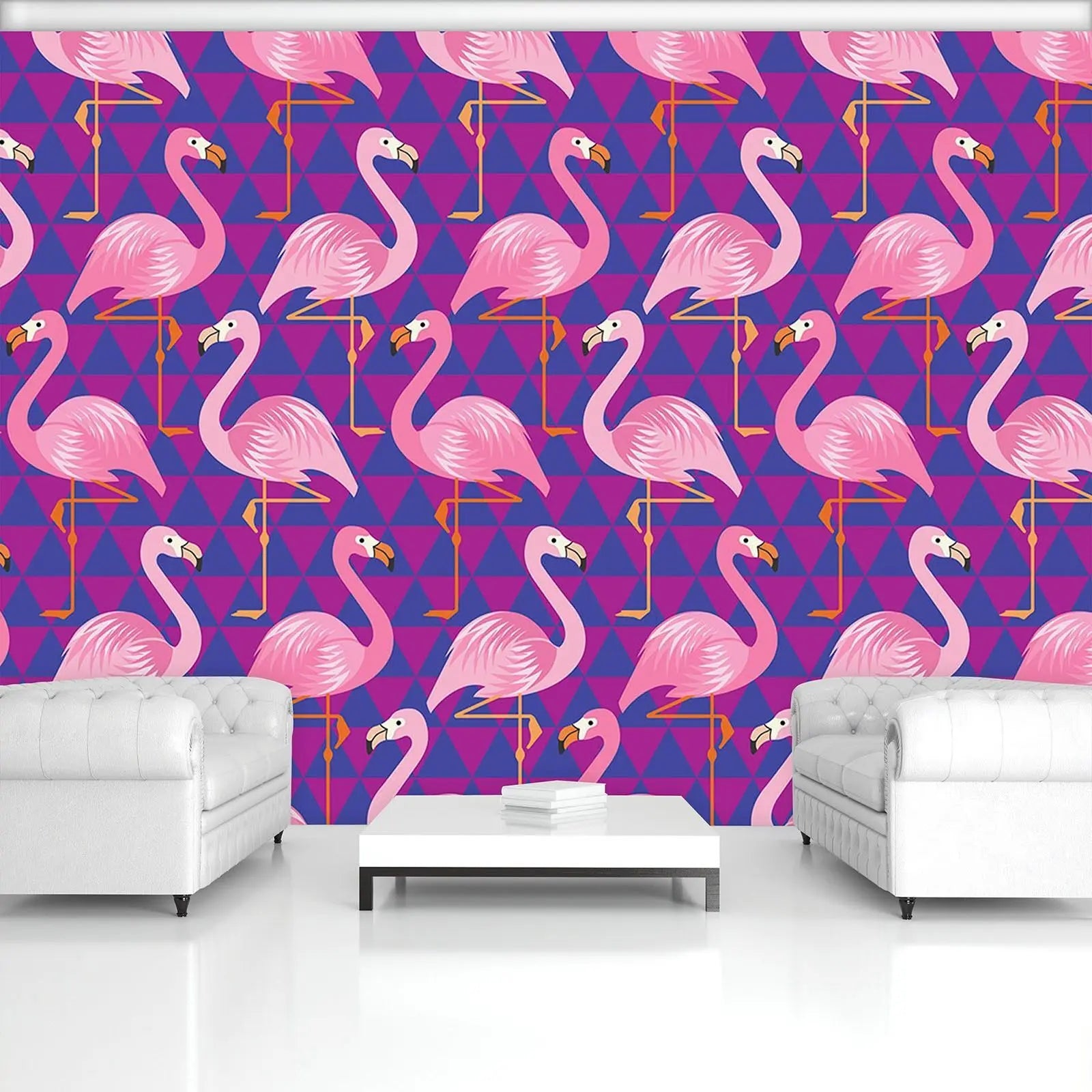 Billede 3 af Fototapet - Lyserøde flamingoer på lilla geometrisk mønster
