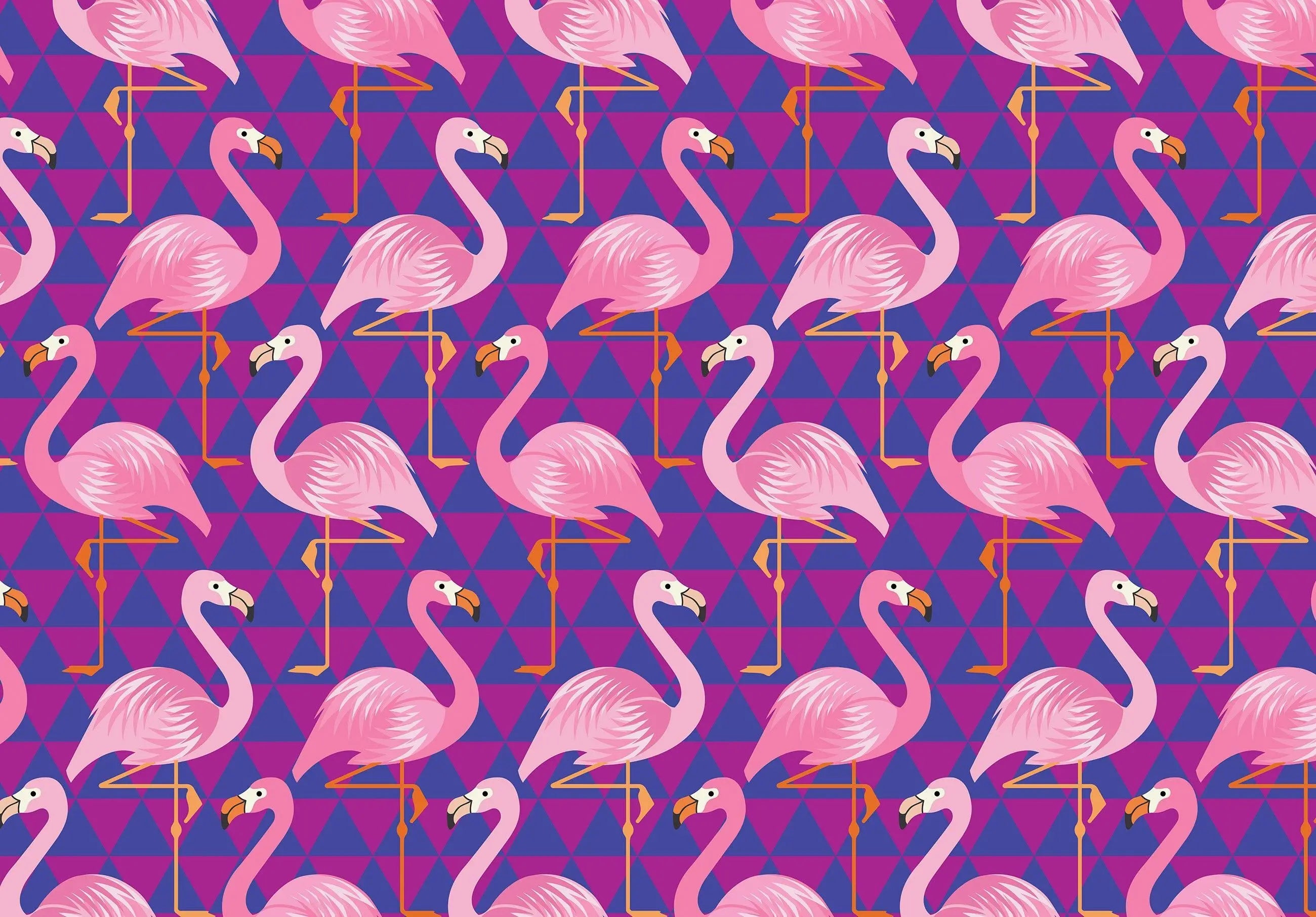 Billede 4 af Fototapet - Lyserøde flamingoer på lilla geometrisk mønster