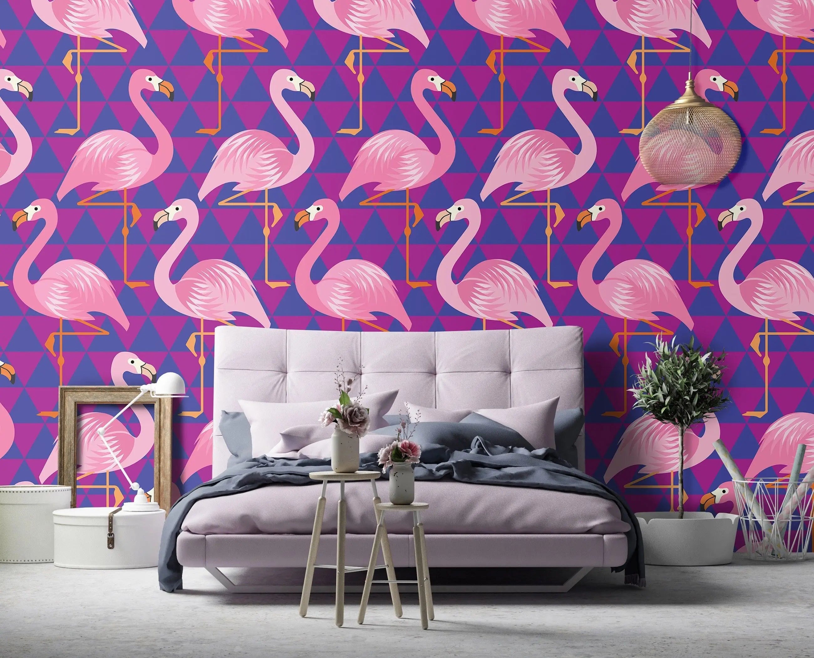 Billede 6 af Fototapet - Lyserøde flamingoer på lilla geometrisk mønster