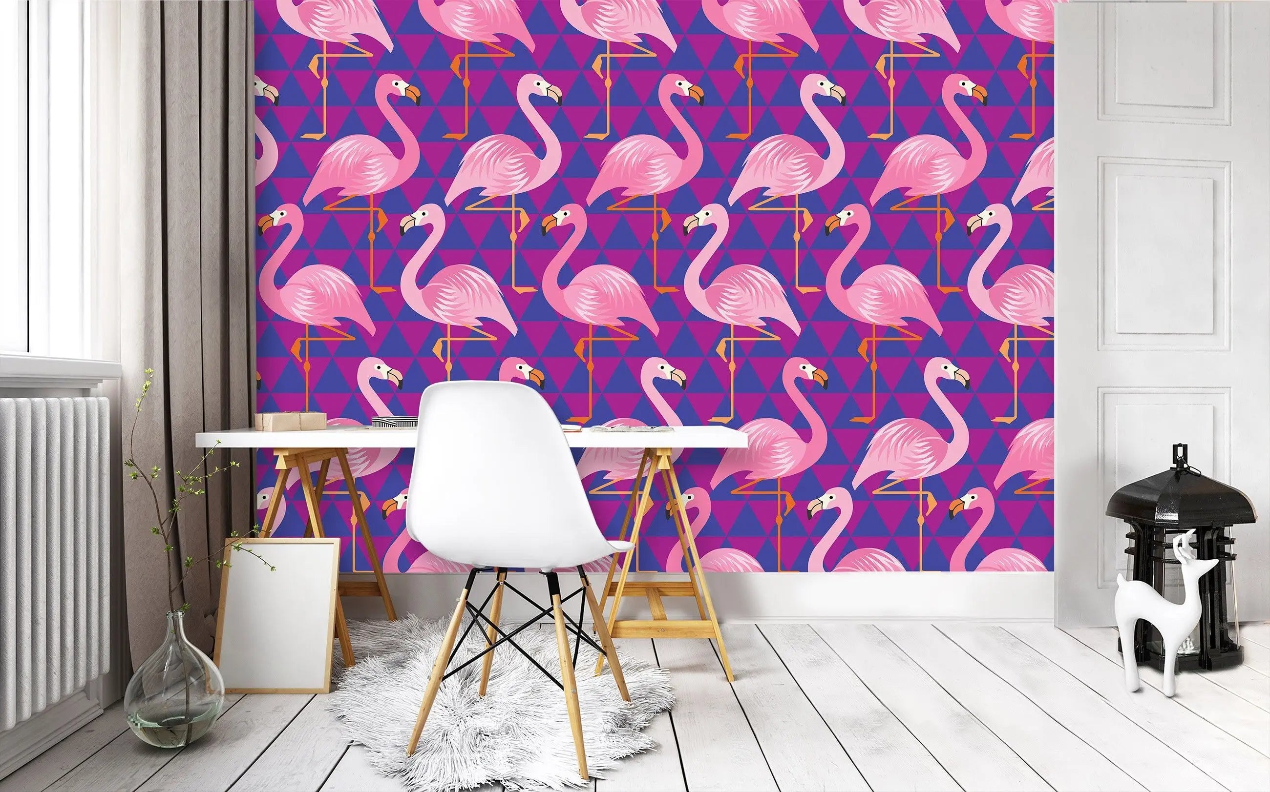 Billede 7 af Fototapet - Lyserøde flamingoer på lilla geometrisk mønster