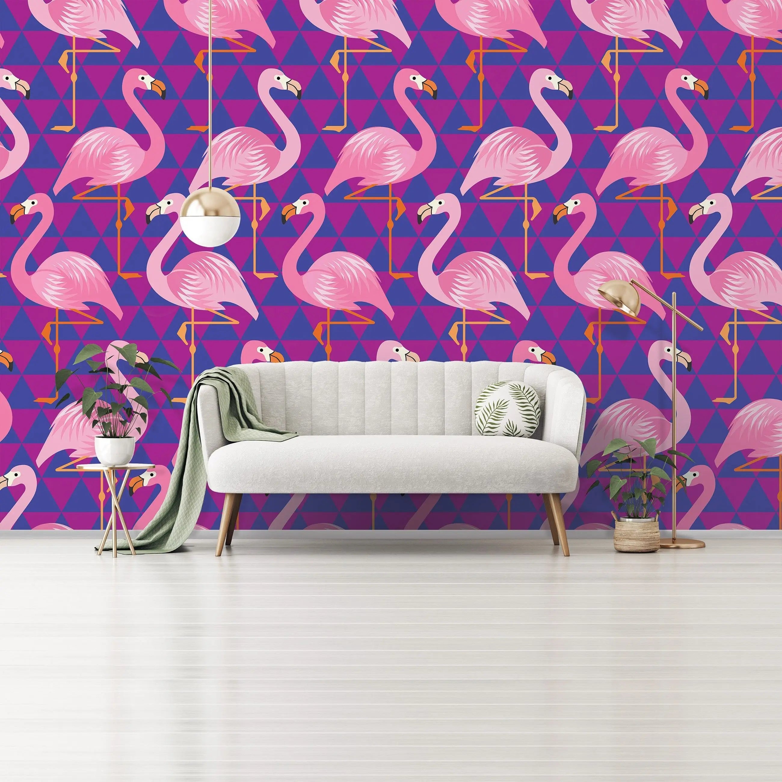 Billede 8 af Fototapet - Lyserøde flamingoer på lilla geometrisk mønster