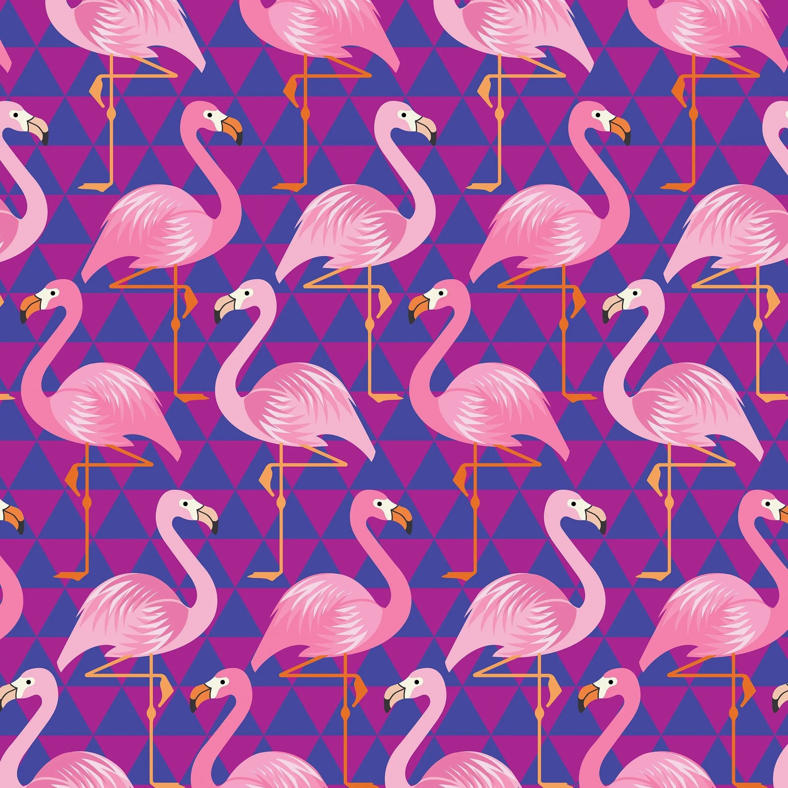 Billede 9 af Fototapet - Lyserøde flamingoer på lilla geometrisk mønster