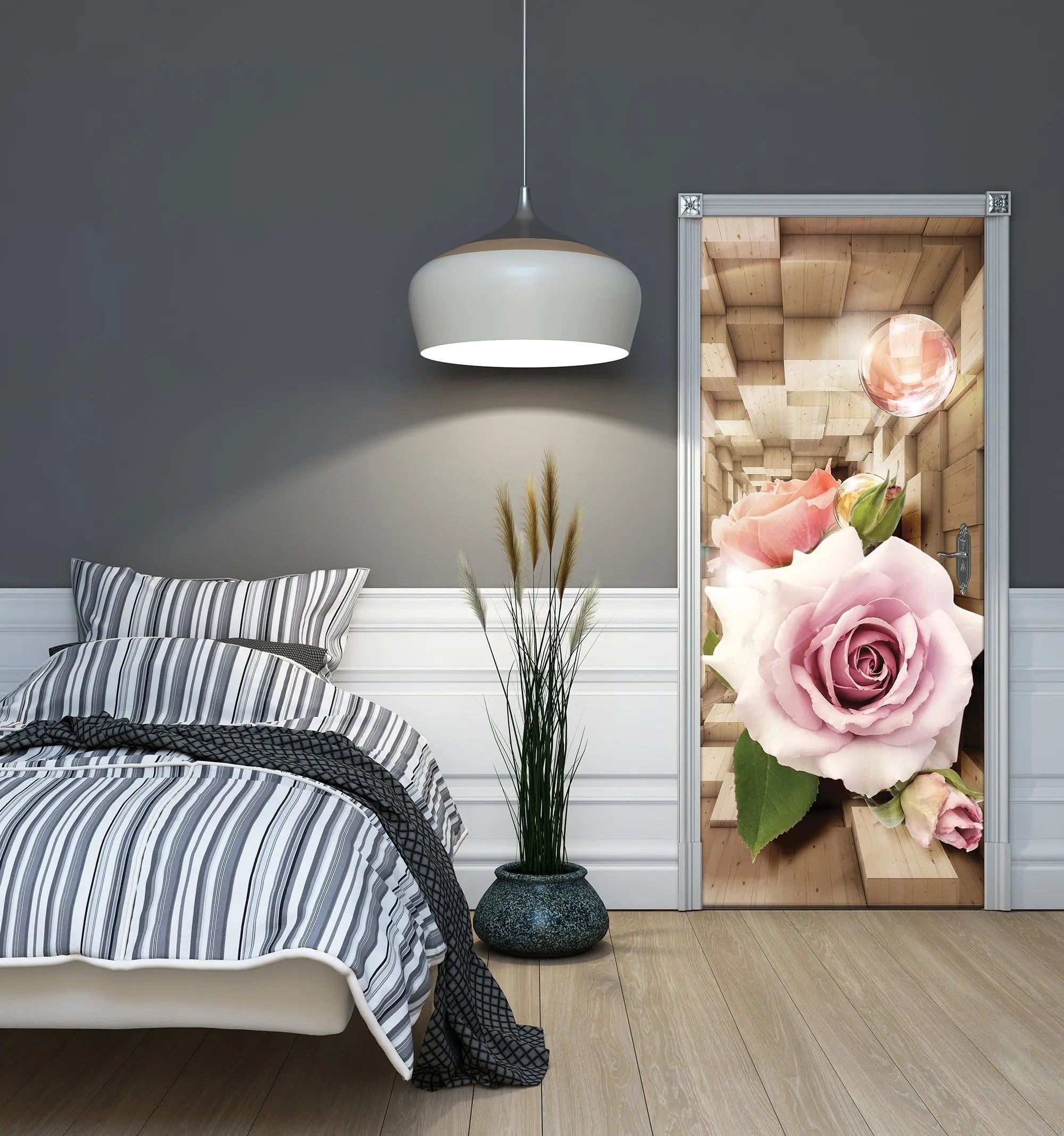 Billede 4 af Fototapet - Lyserøde roser med trækubemønster og gennemsigtige kugler