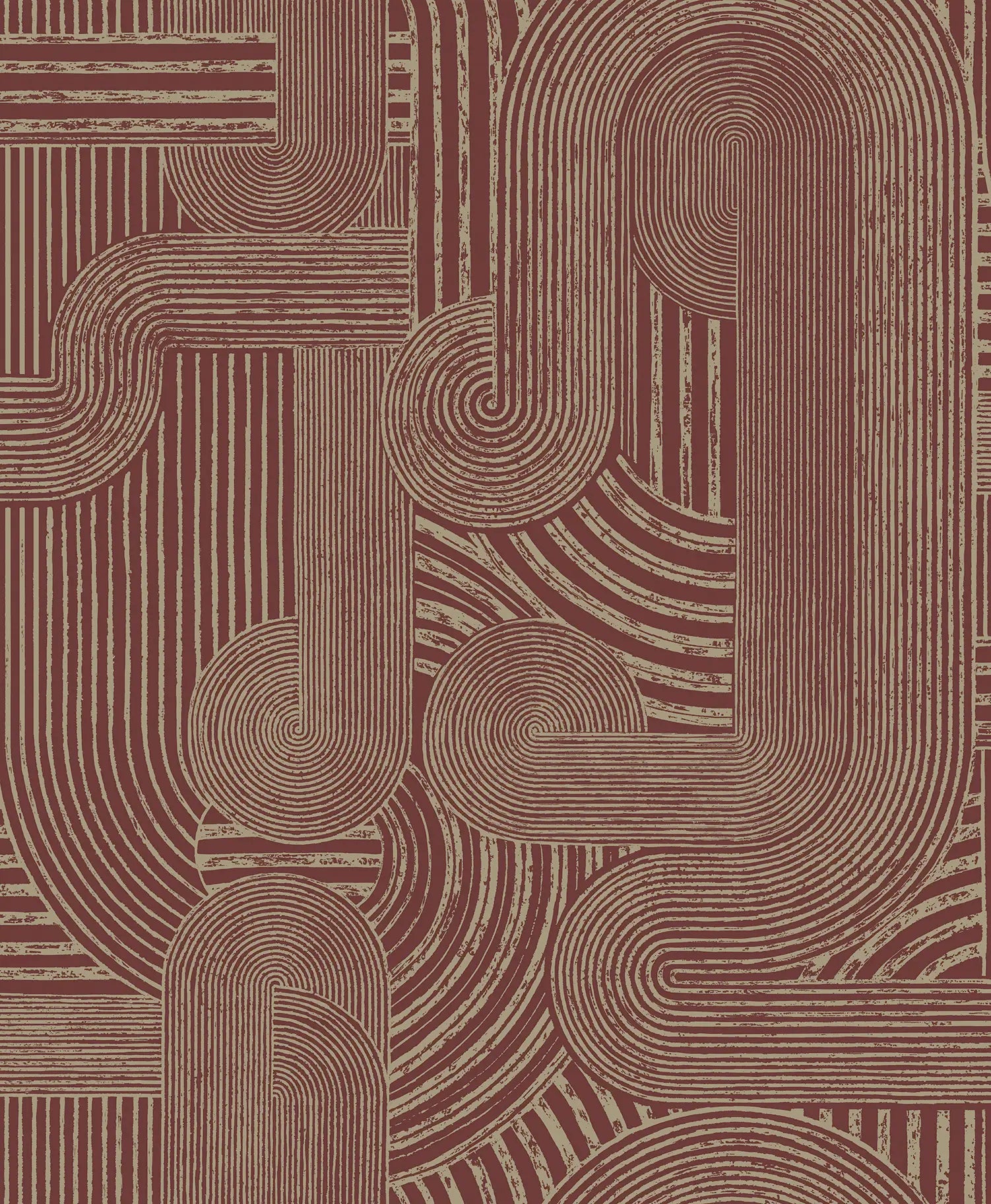 Detaljeret billede af tapetmønsteret Macrame - Maroon med geometriske linjer i brune nuancer.