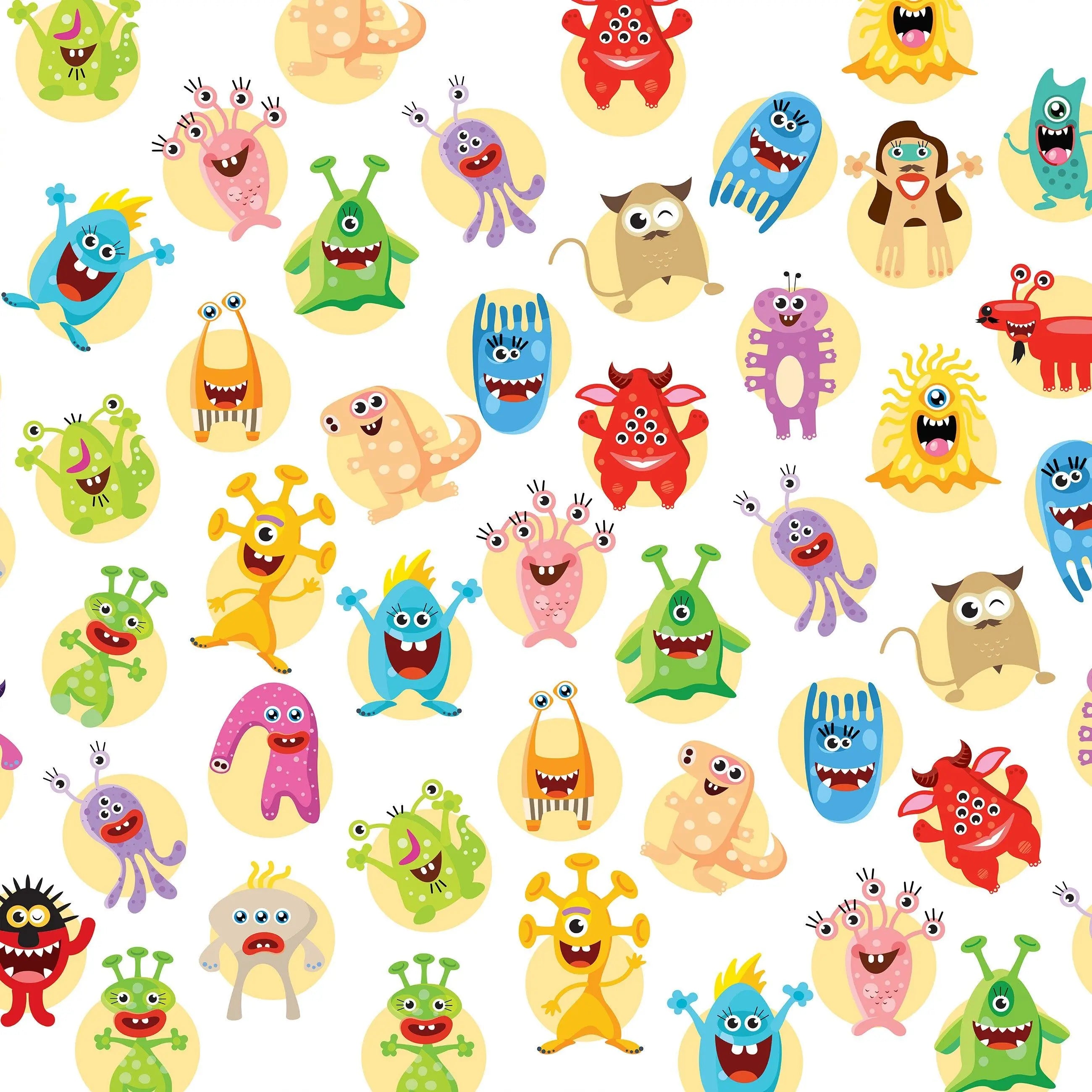 Billede 10 af Fototapet - Mange Flerfarvede Tegneseriemonstre på Hvid Baggrund