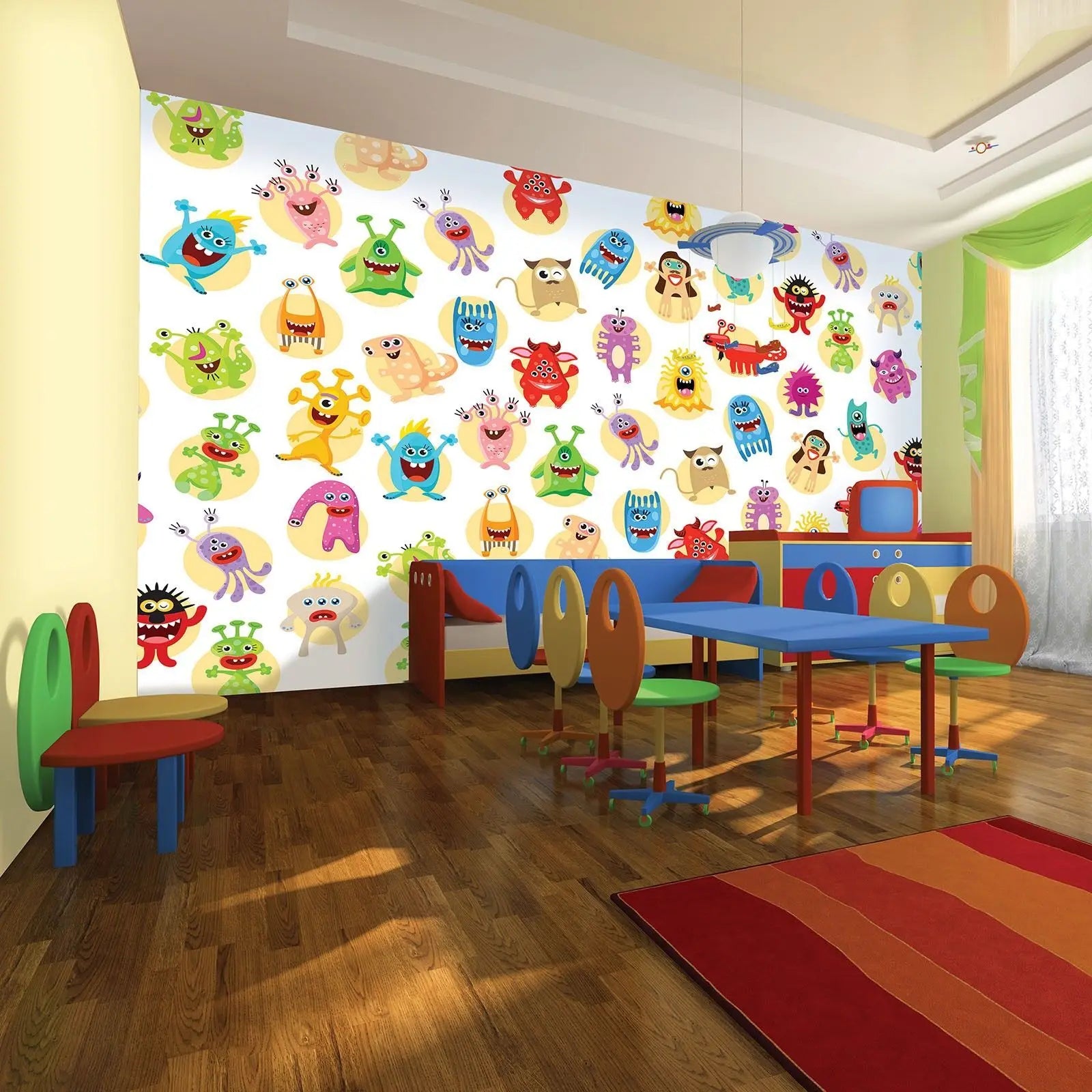 Billede 3 af Fototapet - Mange Flerfarvede Tegneseriemonstre på Hvid Baggrund