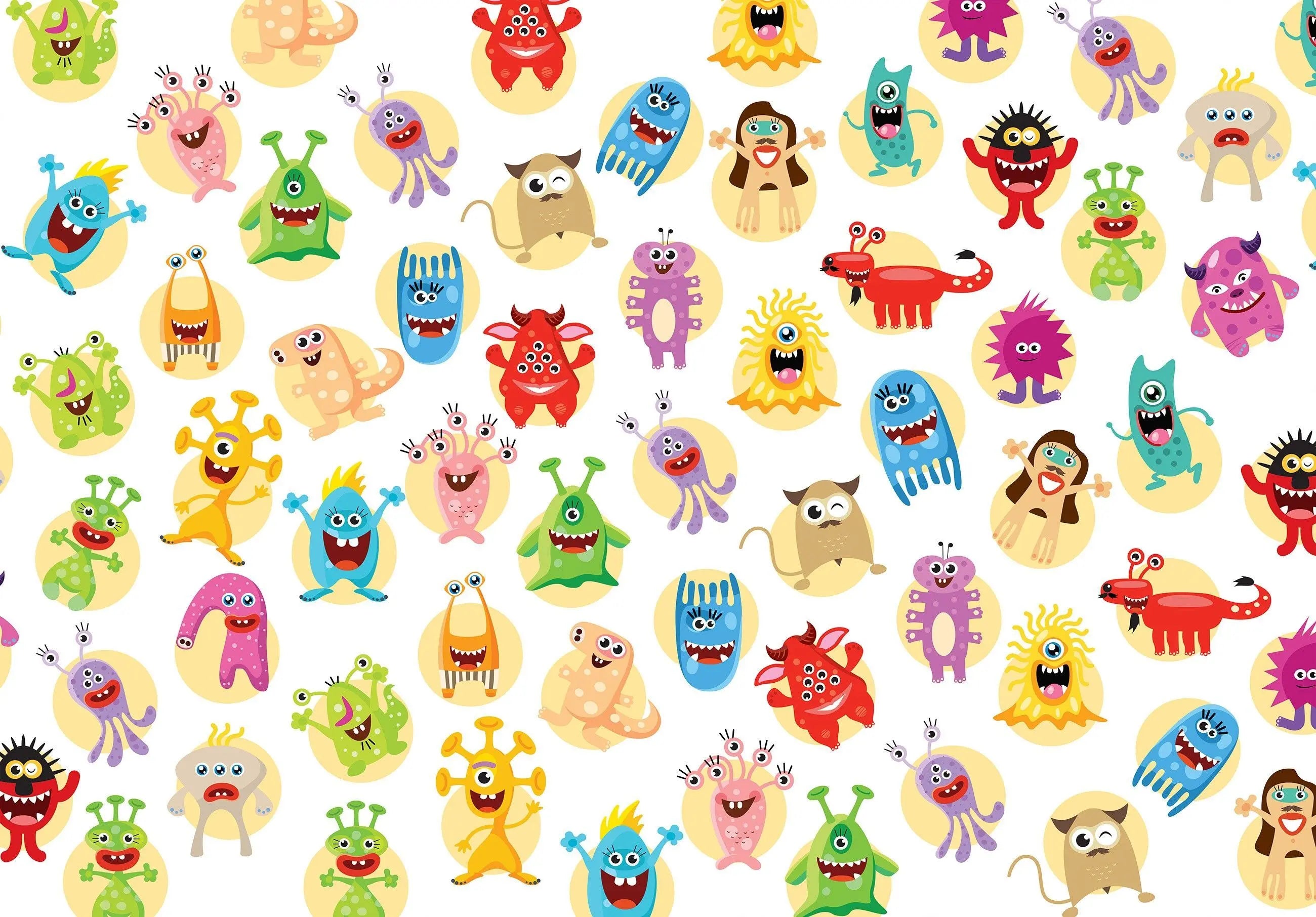 Billede 4 af Fototapet - Mange Flerfarvede Tegneseriemonstre på Hvid Baggrund