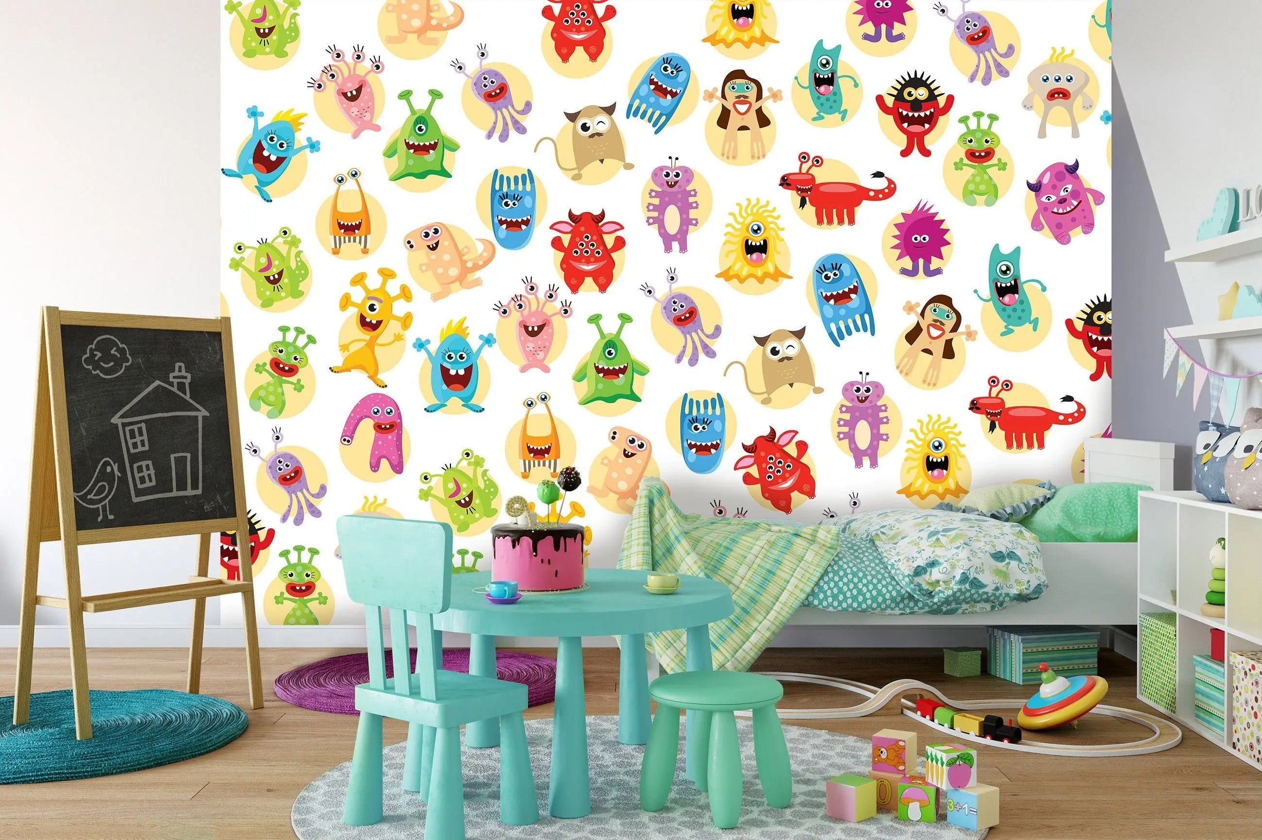 Billede 5 af Fototapet - Mange Flerfarvede Tegneseriemonstre på Hvid Baggrund