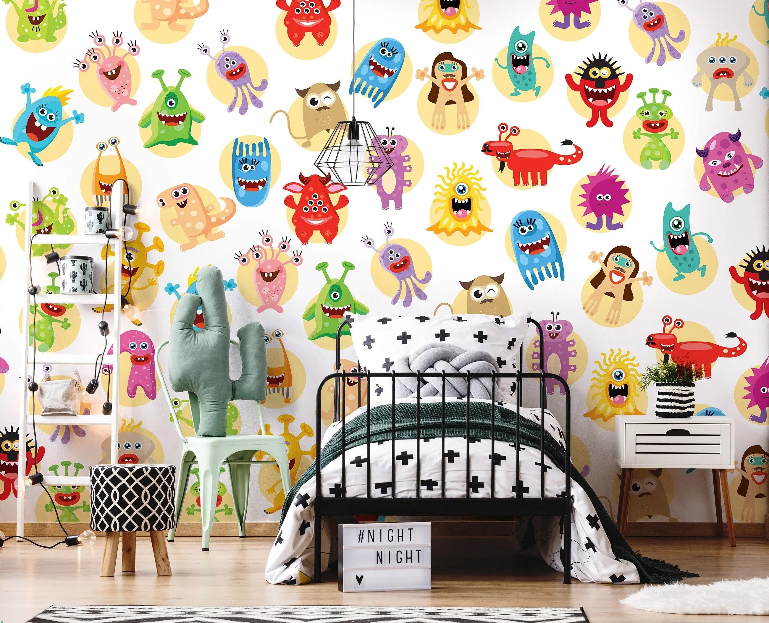 Billede 6 af Fototapet - Mange Flerfarvede Tegneseriemonstre på Hvid Baggrund