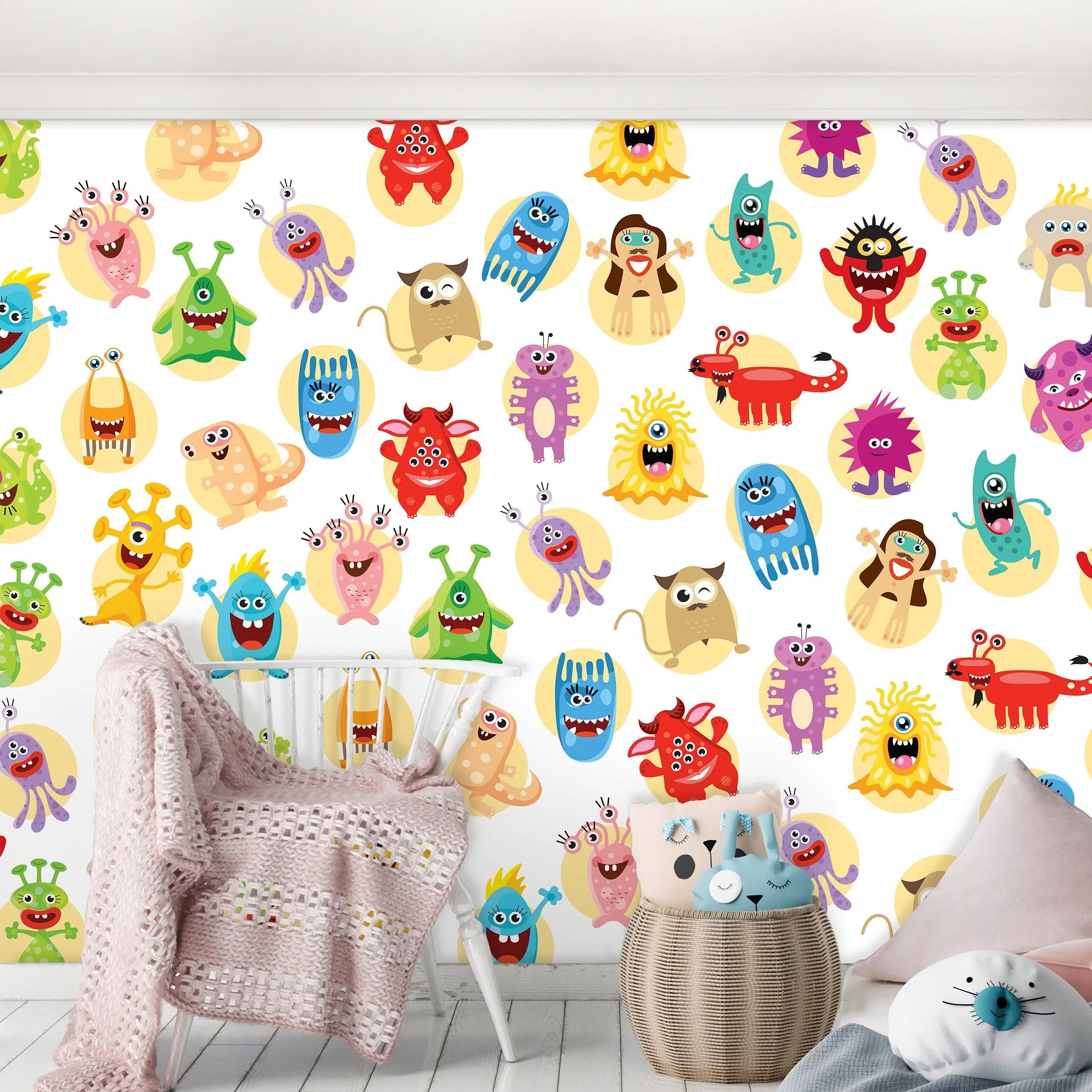 Billede 9 af Fototapet - Mange Flerfarvede Tegneseriemonstre på Hvid Baggrund