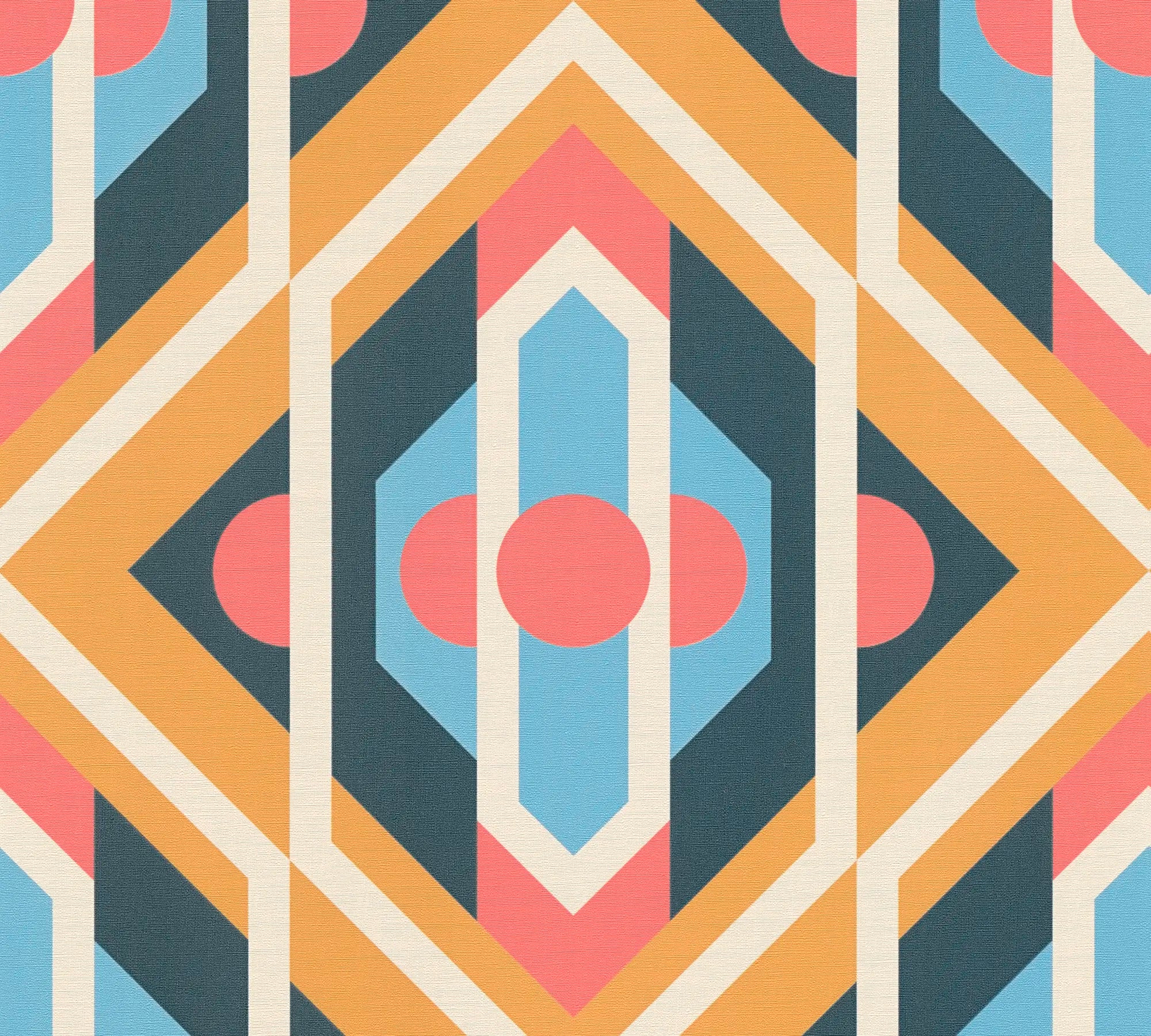 Tapet designet Margaret - Retro Prism med geometriske former i blå, lyserød, gul og sort.