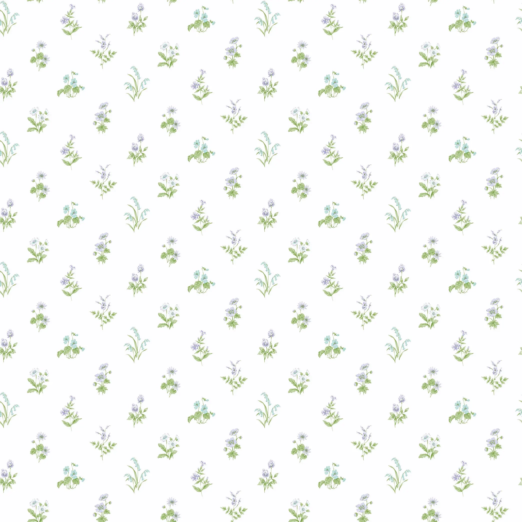 Nærbillede af Meadow Breeze - Mint Green tapet med små blomstermønstre.
