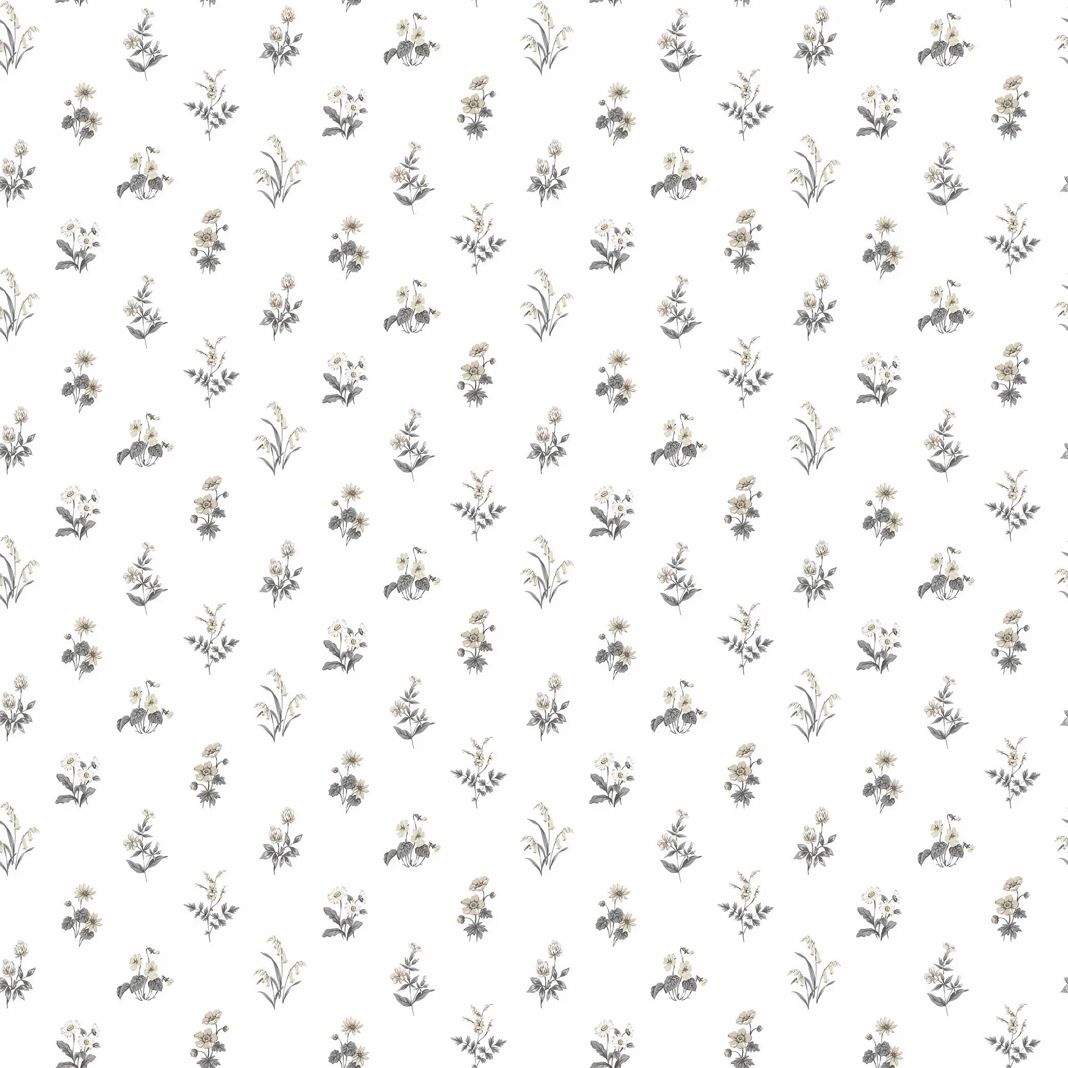 Detaljeret visning af Meadow Breeze - Stone Gray tapet med små blomstrede motiver i neutrale nuancer på en lys baggrund hos Nicetapet.dk.