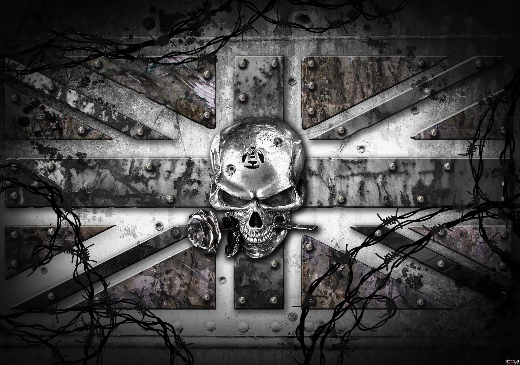 Billede 1 af Fototapet - Metalskalle med rose foran rusten Union Jack og pigtråd