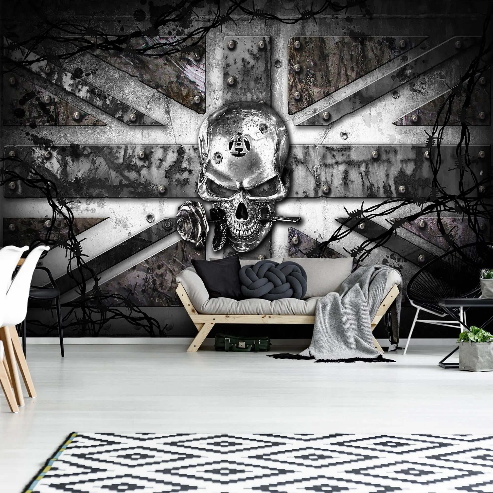 Billede 4 af Fototapet - Metalskalle med rose foran rusten Union Jack og pigtråd