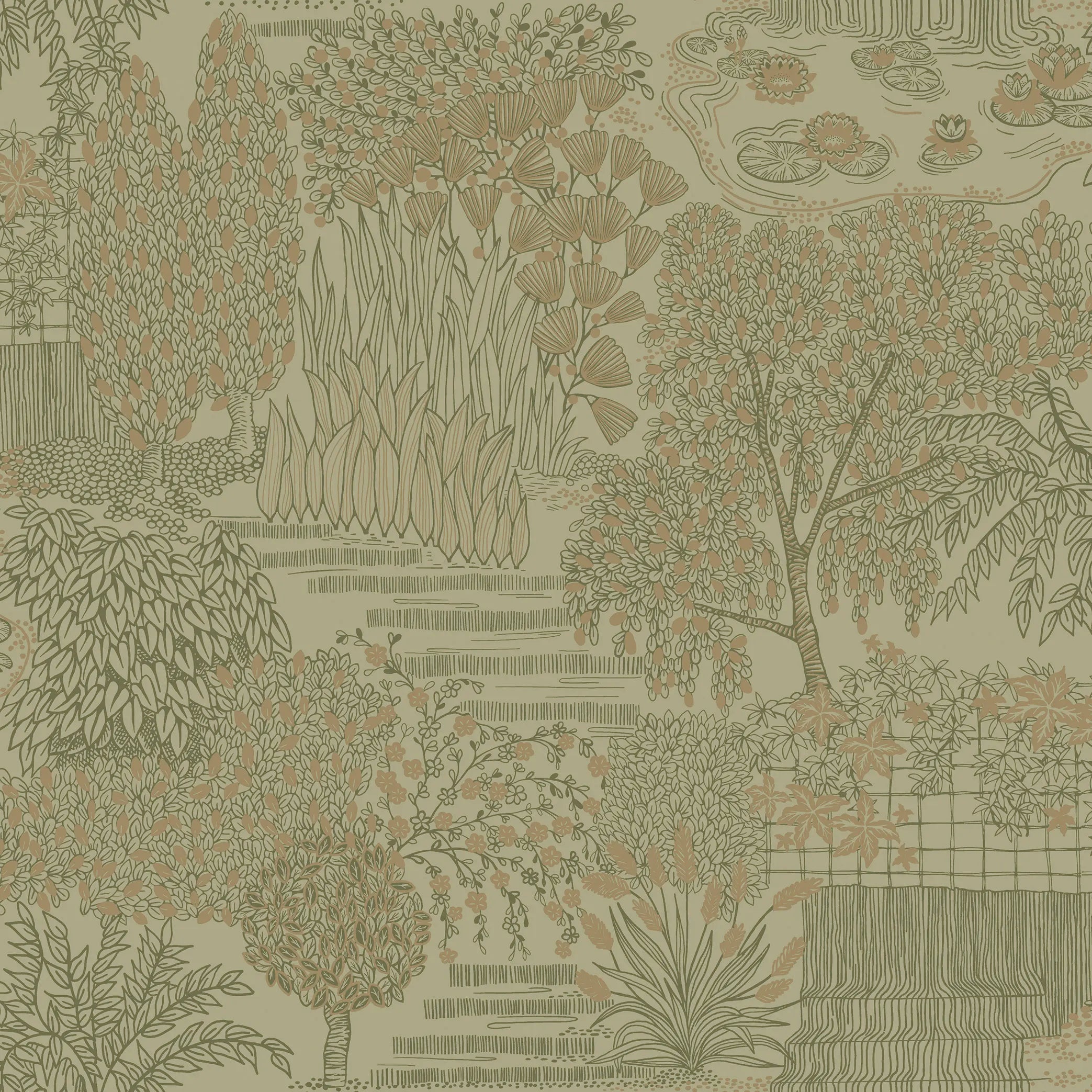 Detaljeret udsigt over tapetet Mirissa - Khaki, der viser et illustreret landskab med træer og planter.