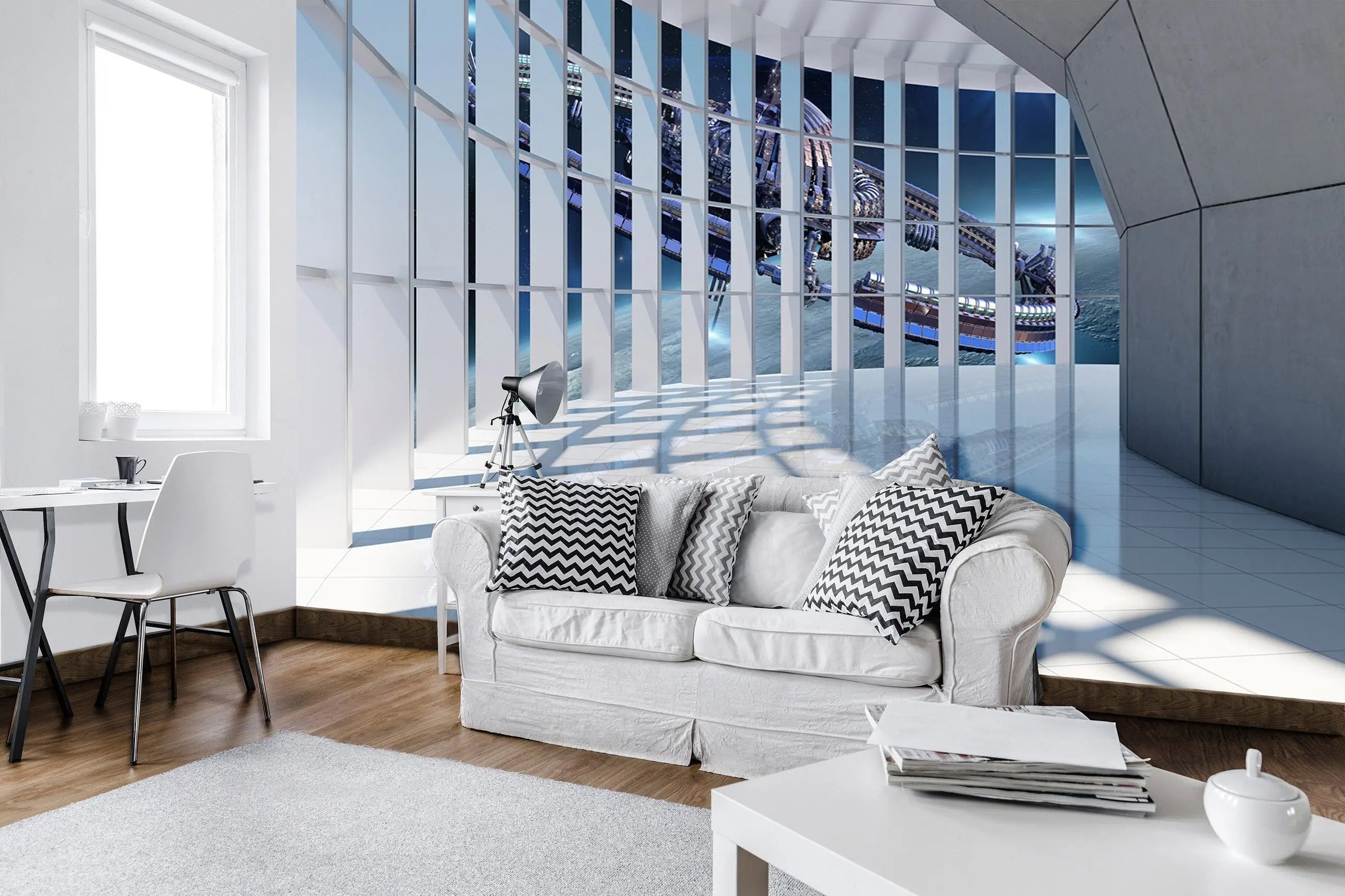 Billede 3 af Fototapet - Moderne glasbygning med udsigt til rumstation i rummet