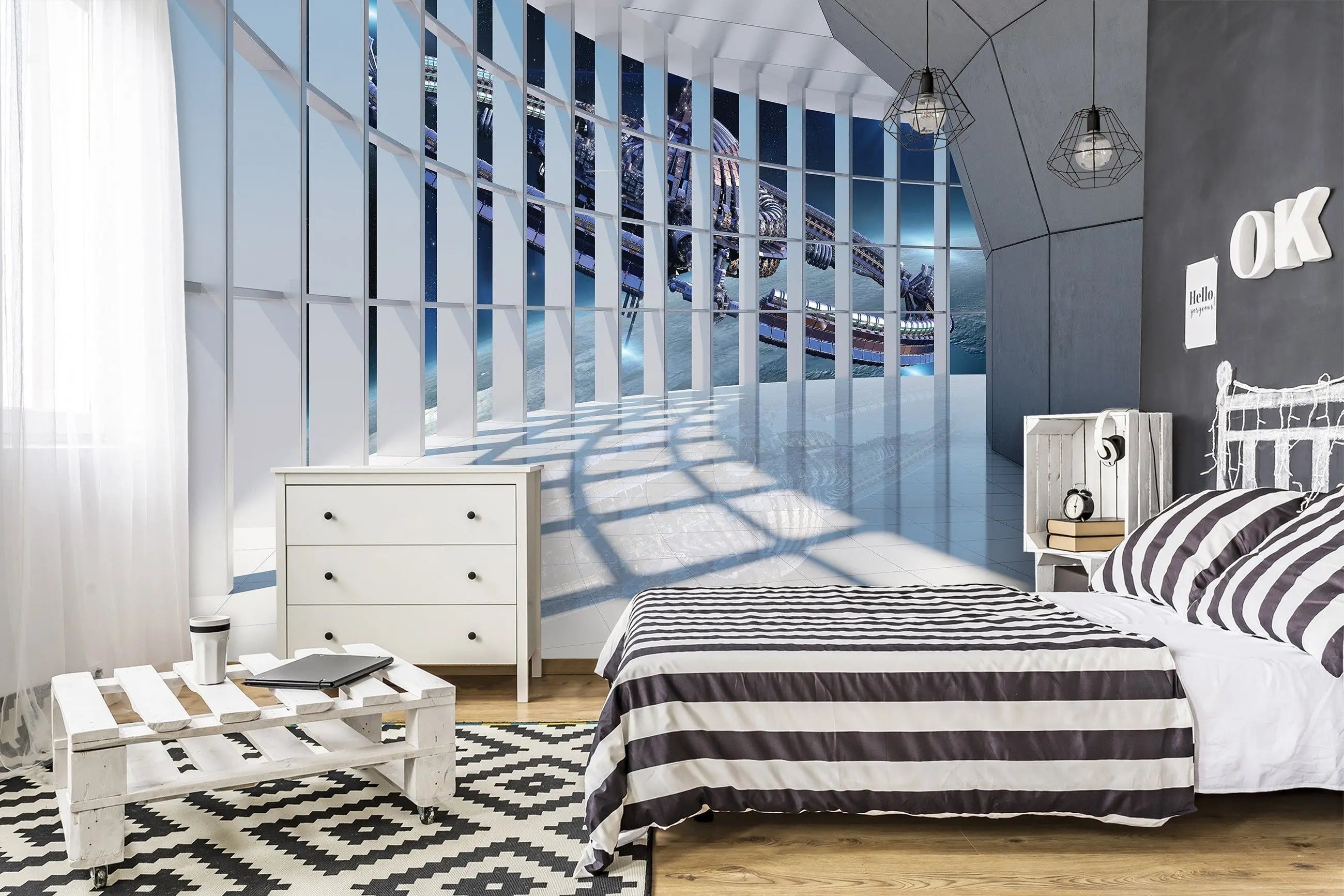 Billede 5 af Fototapet - Moderne glasbygning med udsigt til rumstation i rummet