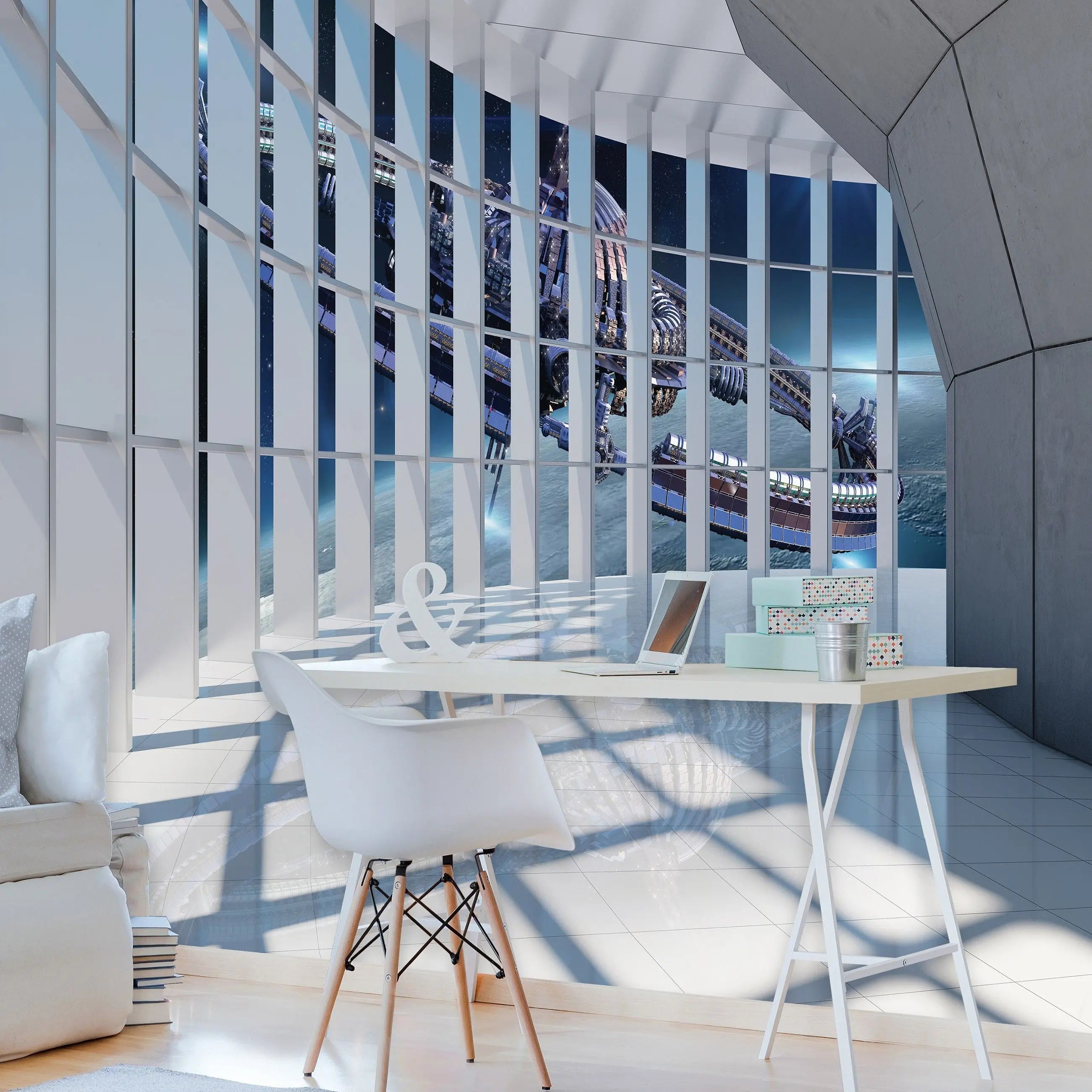 Billede 6 af Fototapet - Moderne glasbygning med udsigt til rumstation i rummet