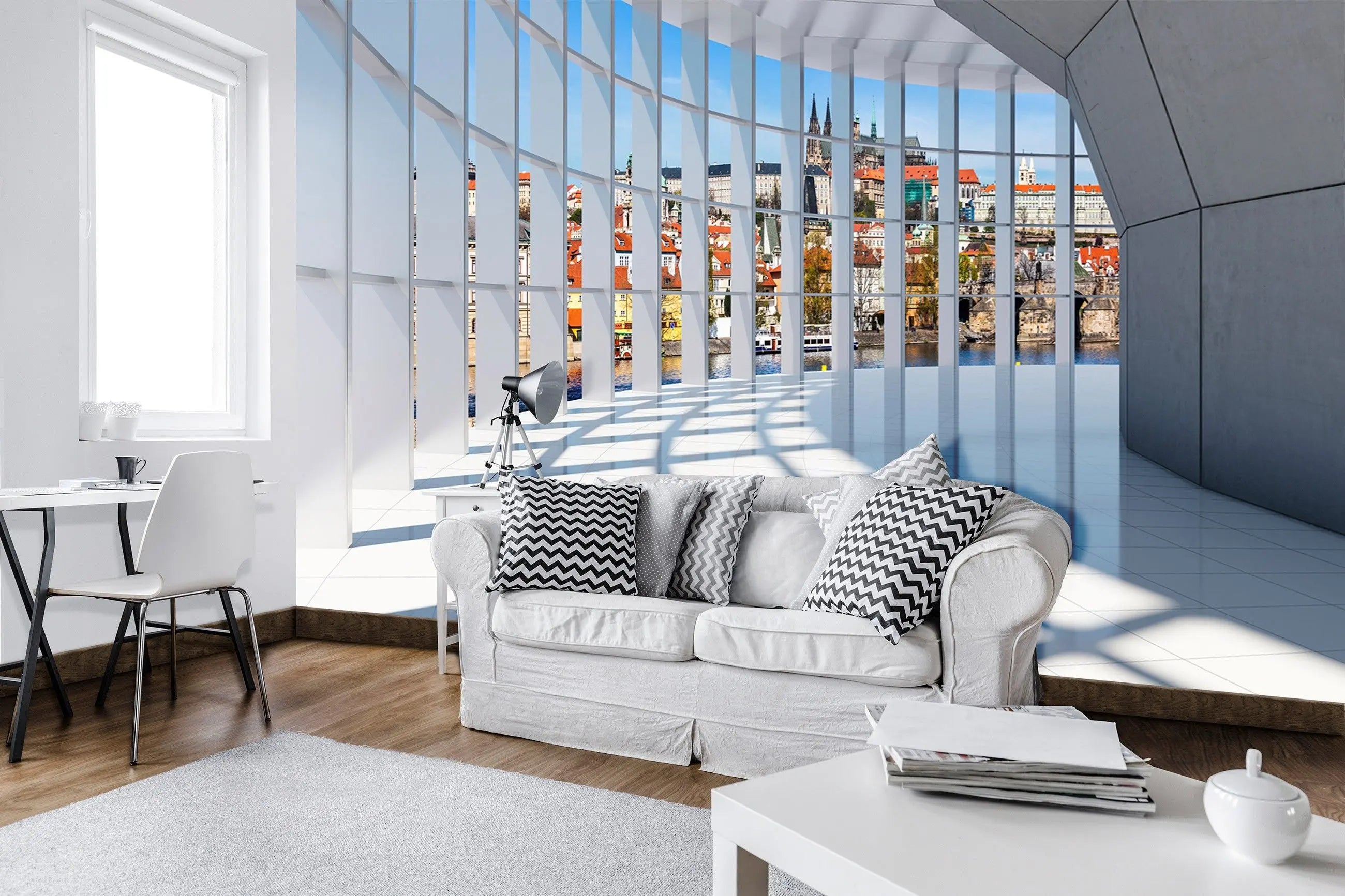 Billede 4 af Fototapet - Moderne interiør med stor glasvæg og udsigt til Prag