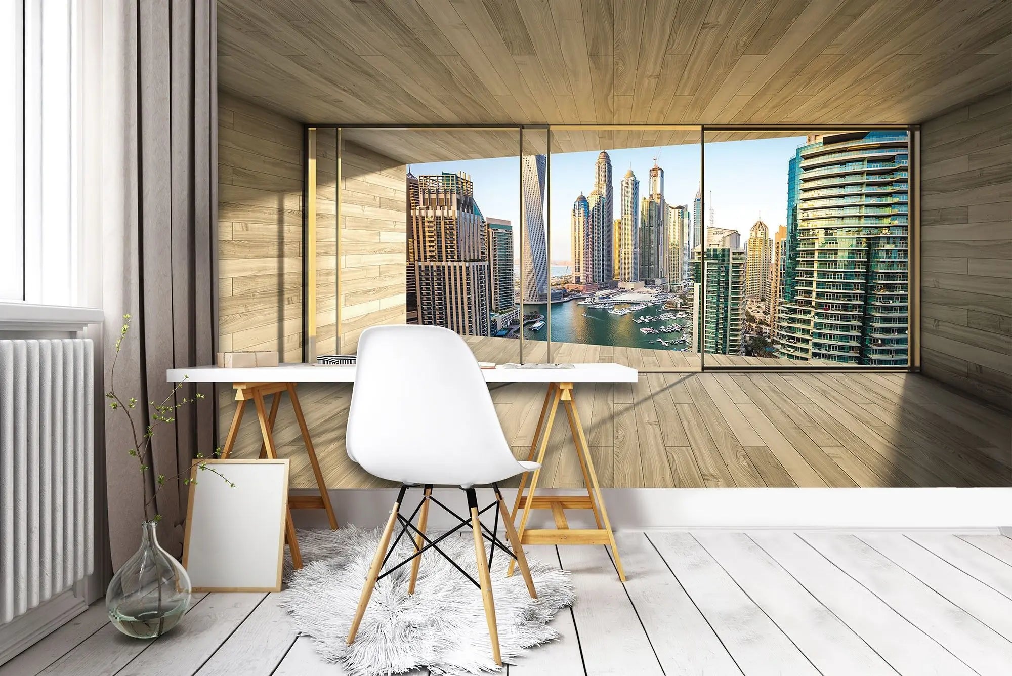 Billede 3 af Fototapet - Moderne skyskrabere set gennem vindue i Dubai