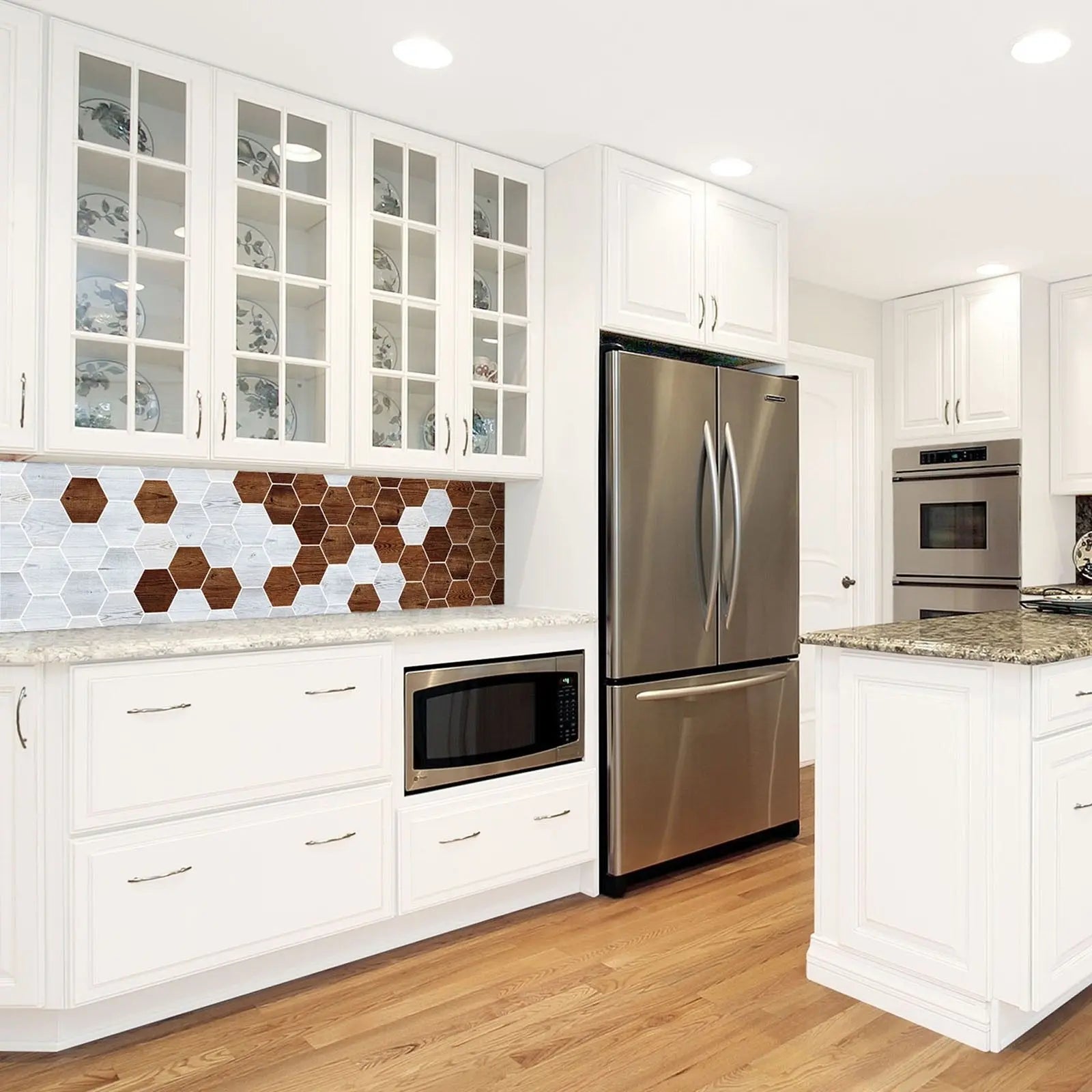 Billede 11 af Fototapet - Mønster af lyse og mørke træfarvede sekskanter