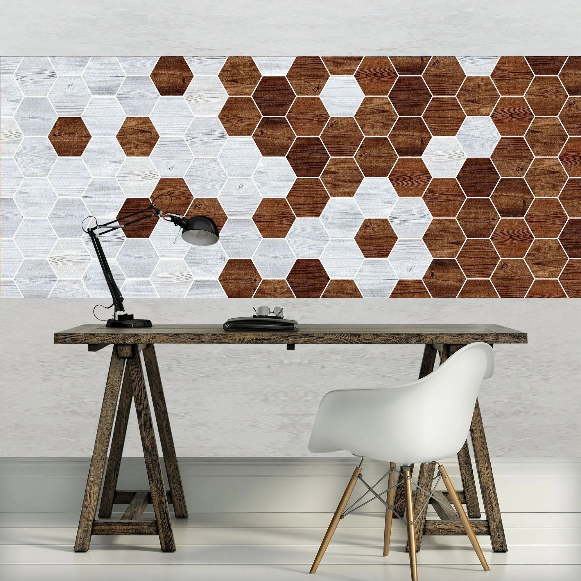 Billede 12 af Fototapet - Mønster af lyse og mørke træfarvede sekskanter