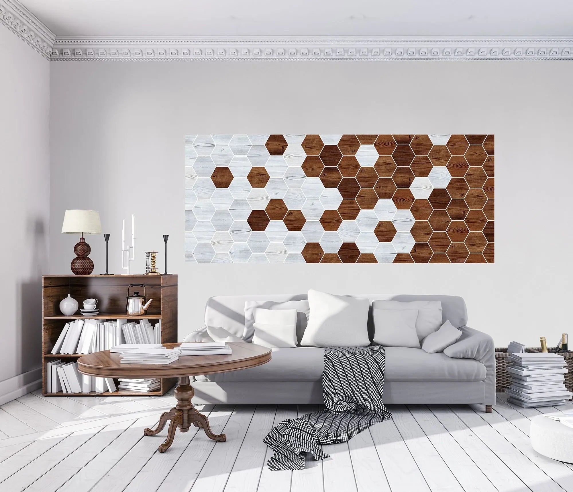 Billede 13 af Fototapet - Mønster af lyse og mørke træfarvede sekskanter