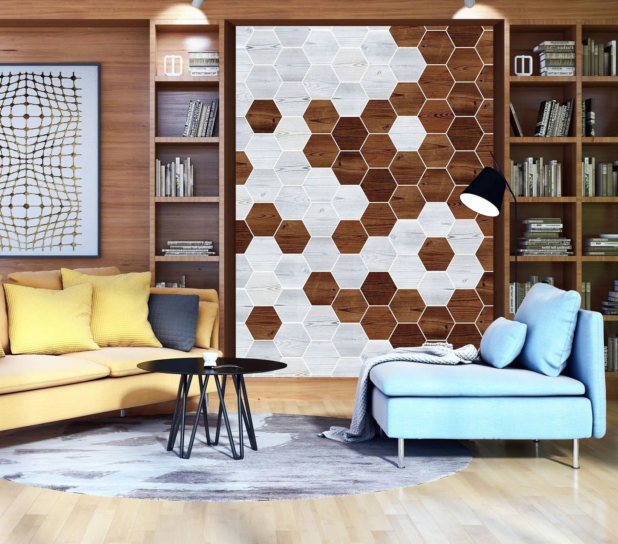 Billede 15 af Fototapet - Mønster af lyse og mørke træfarvede sekskanter