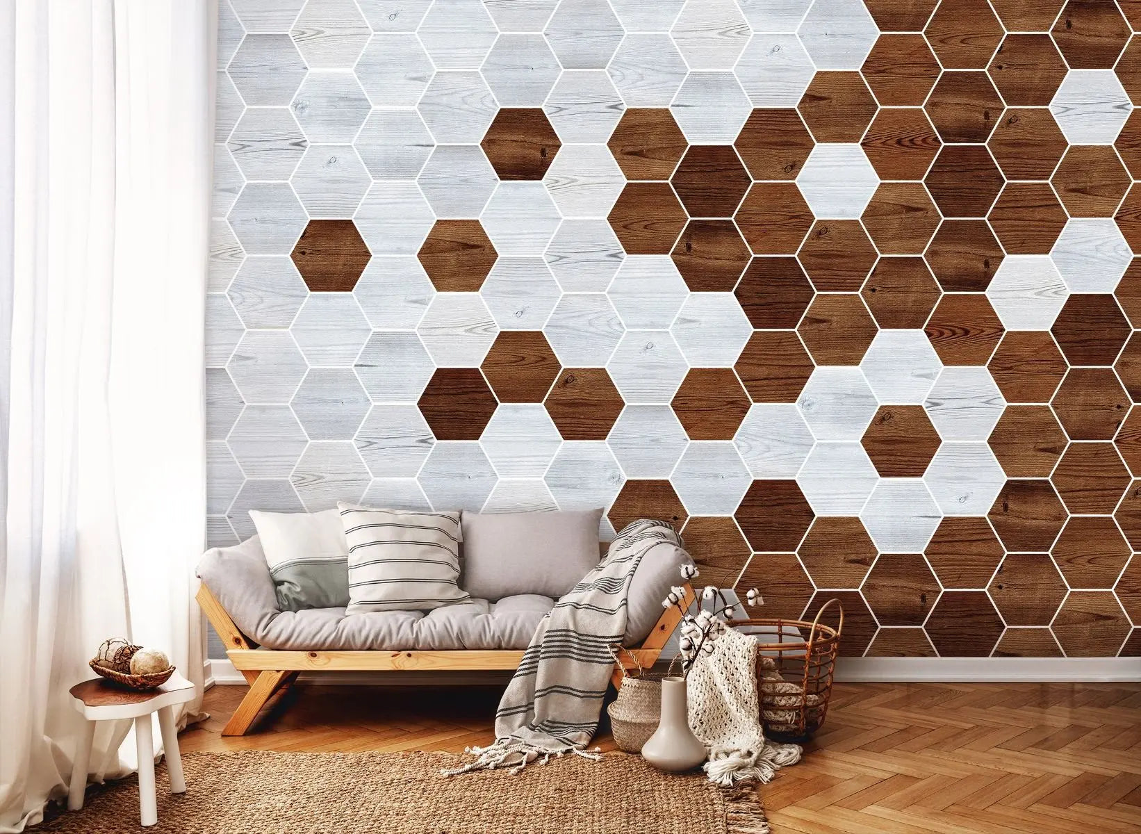 Billede 2 af Fototapet - Mønster af lyse og mørke træfarvede sekskanter