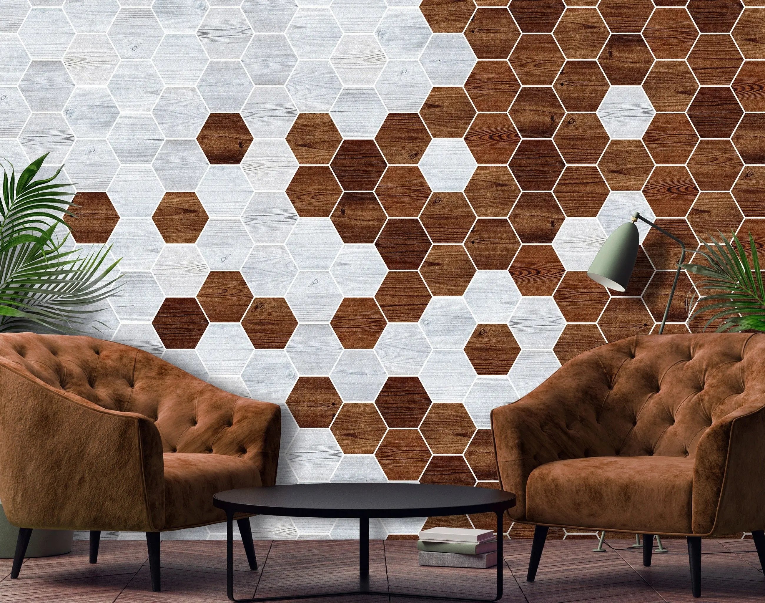 Billede 21 af Fototapet - Mønster af lyse og mørke træfarvede sekskanter