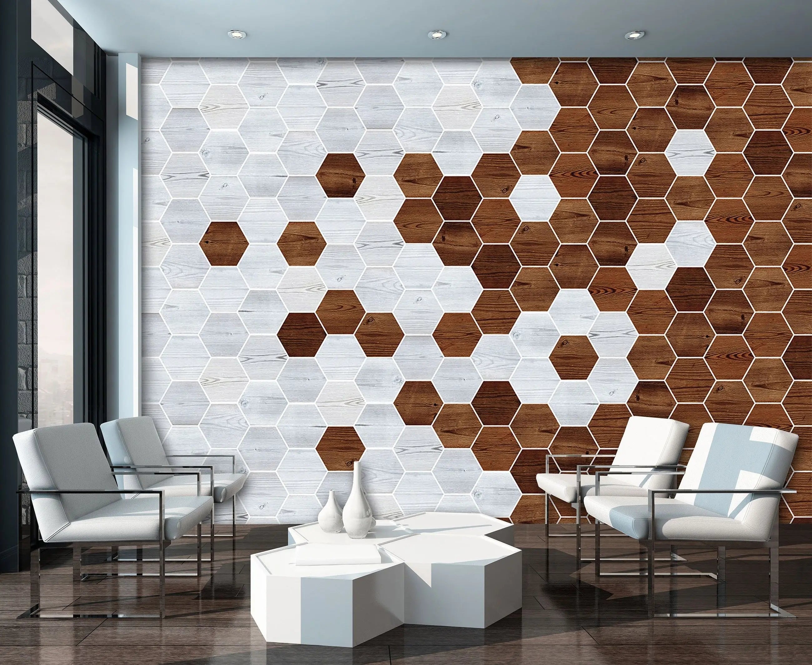 Billede 22 af Fototapet - Mønster af lyse og mørke træfarvede sekskanter