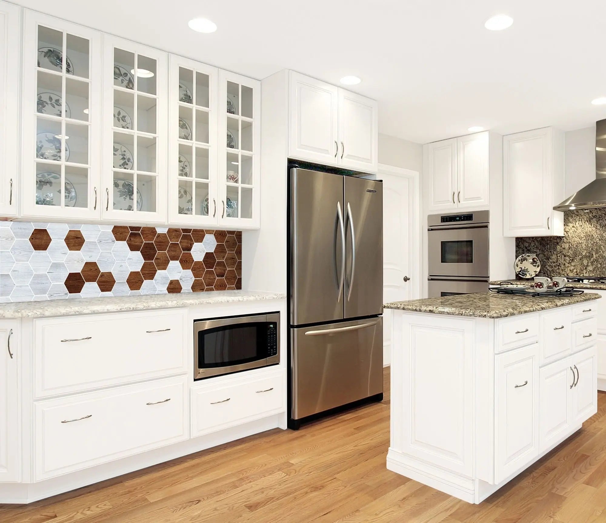 Billede 9 af Fototapet - Mønster af lyse og mørke træfarvede sekskanter