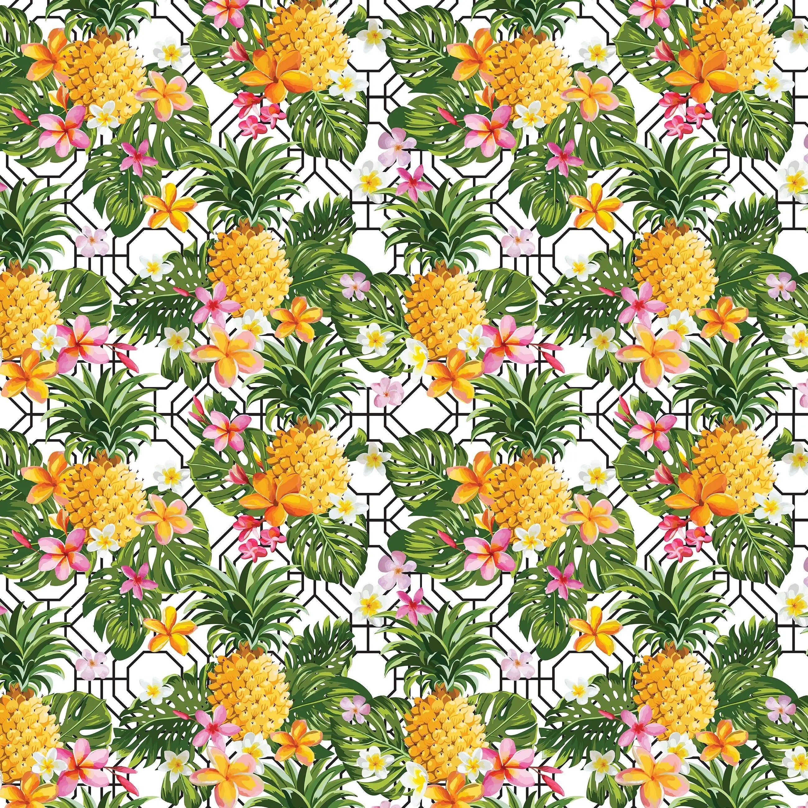 Billede 10 af Fototapet - Mønster med ananas og tropiske blomster