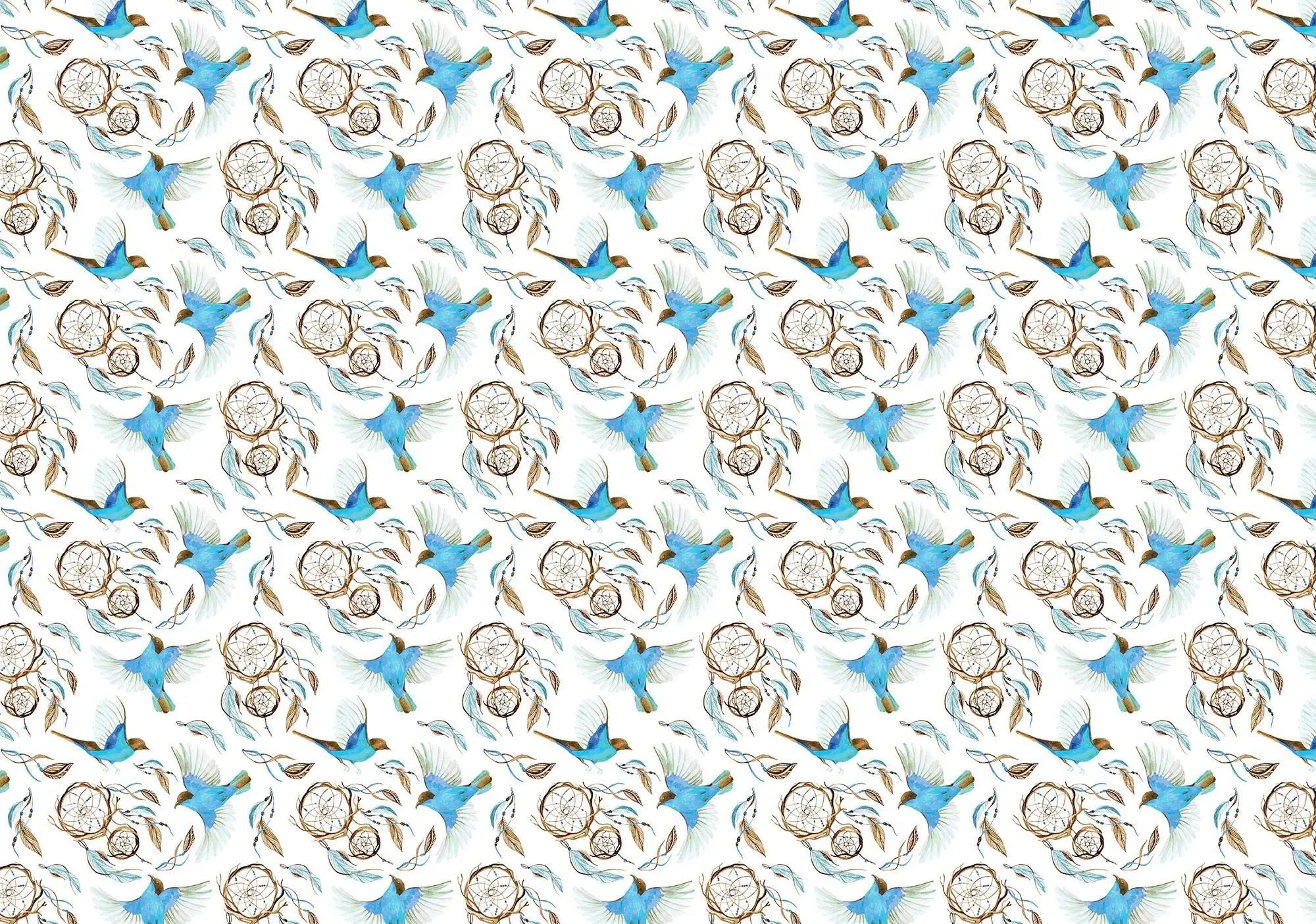 Billede 1 af Fototapet - Mønster med blå fugle og brune kviste