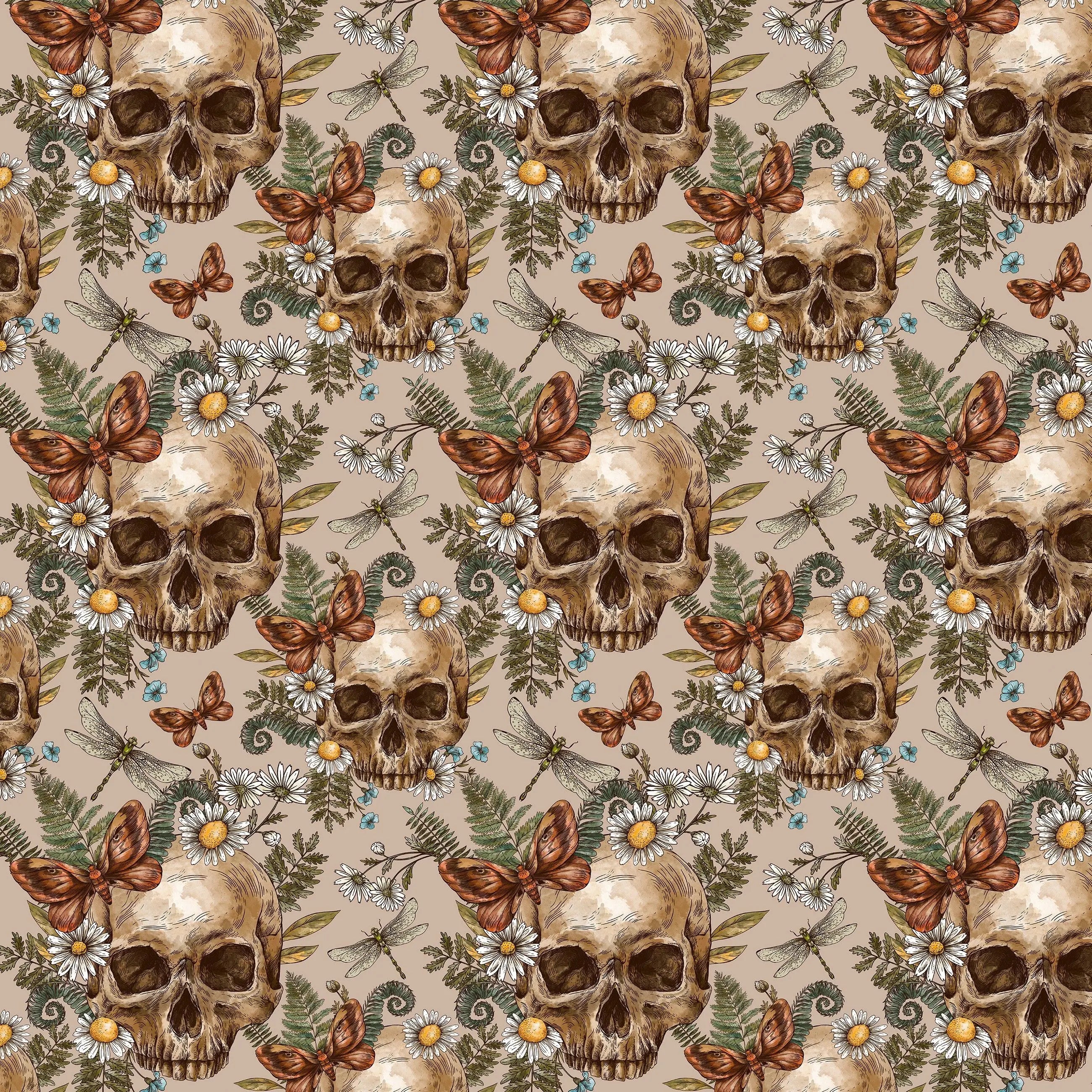 Billede 7 af Fototapet - Mønster med dødningehoveder, blomster, bregner og sommerfugle