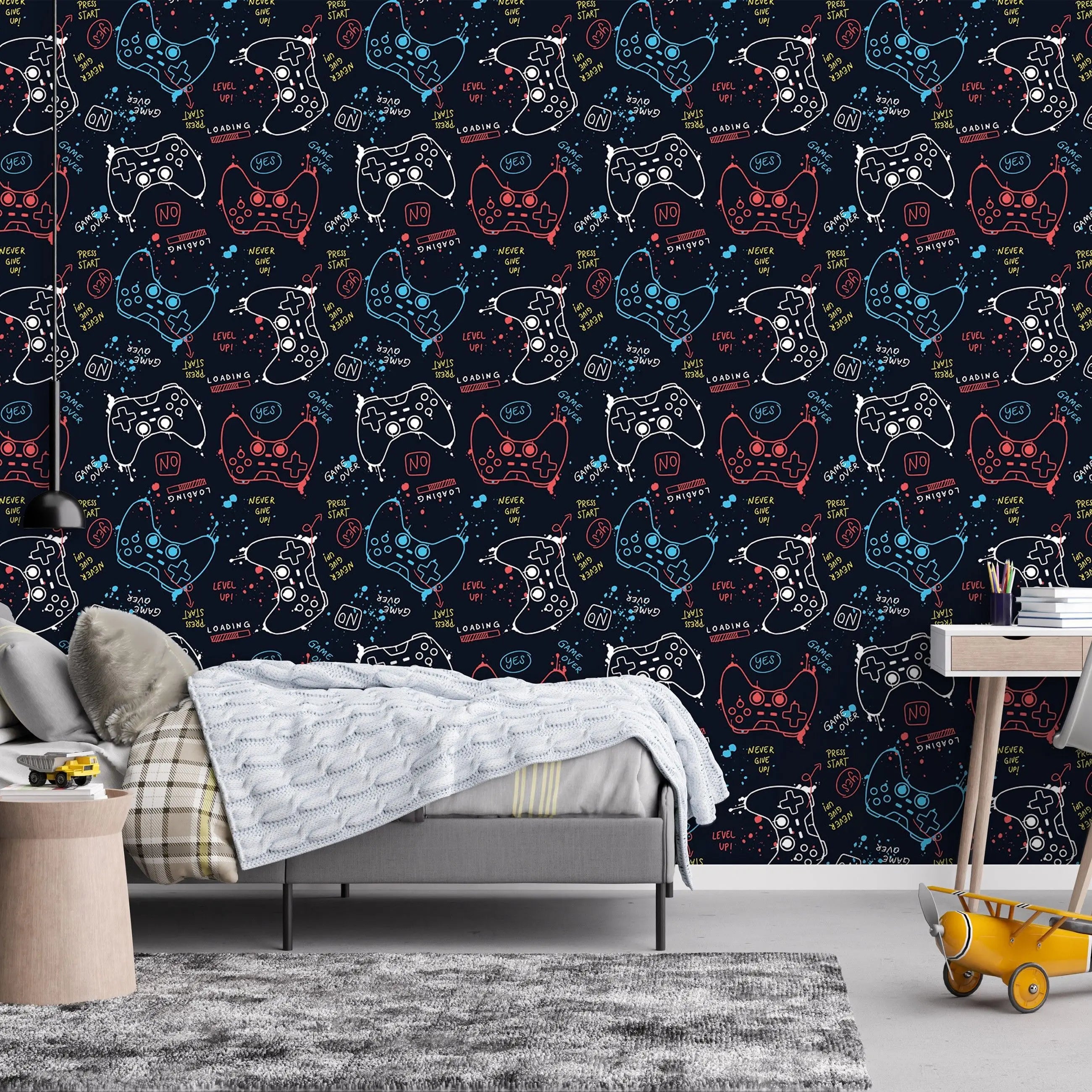 Billede 6 af Fototapet - Mønster med farverige spillecontrollere på sort baggrund