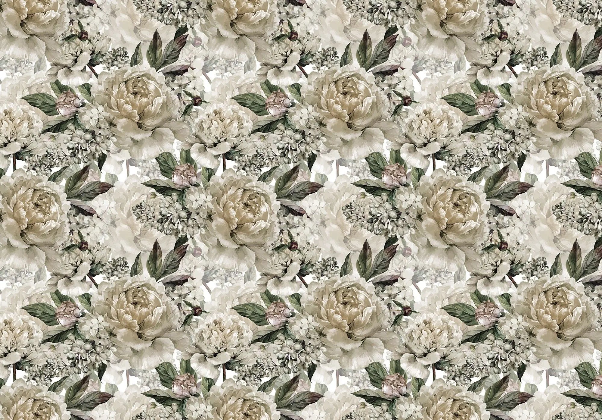 Billede 1 af Fototapet - Mønster med hvide pæoner og grønne blade