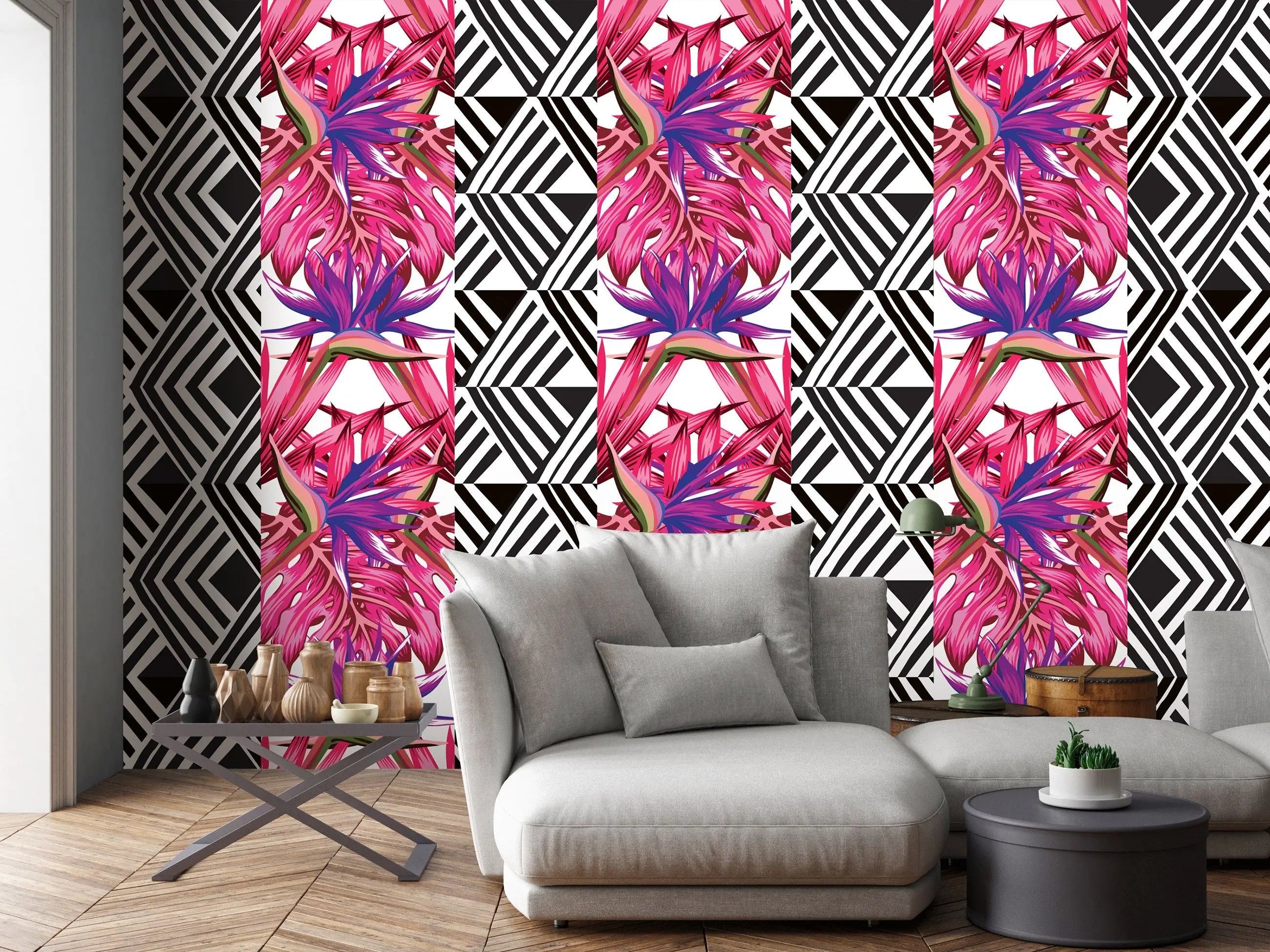 Billede 4 af Fototapet - Mønster med pink og lilla blomster og sort-hvide geometriske former