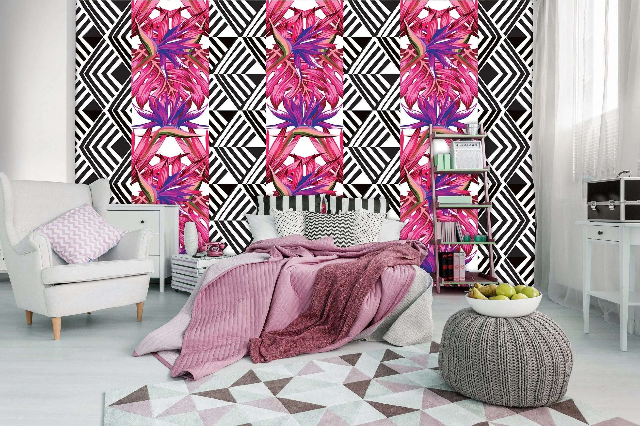 Billede 5 af Fototapet - Mønster med pink og lilla blomster og sort-hvide geometriske former