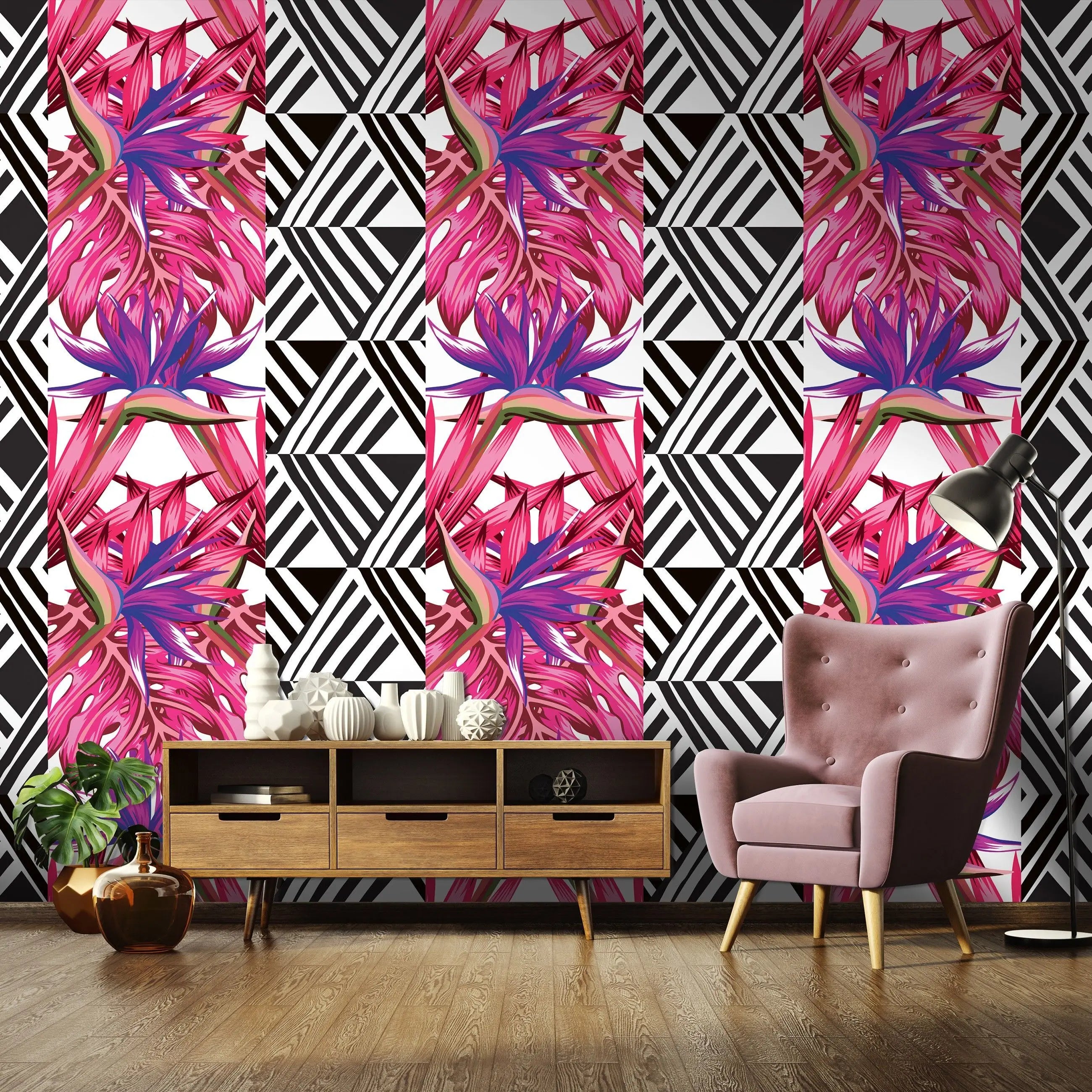 Billede 6 af Fototapet - Mønster med pink og lilla blomster og sort-hvide geometriske former