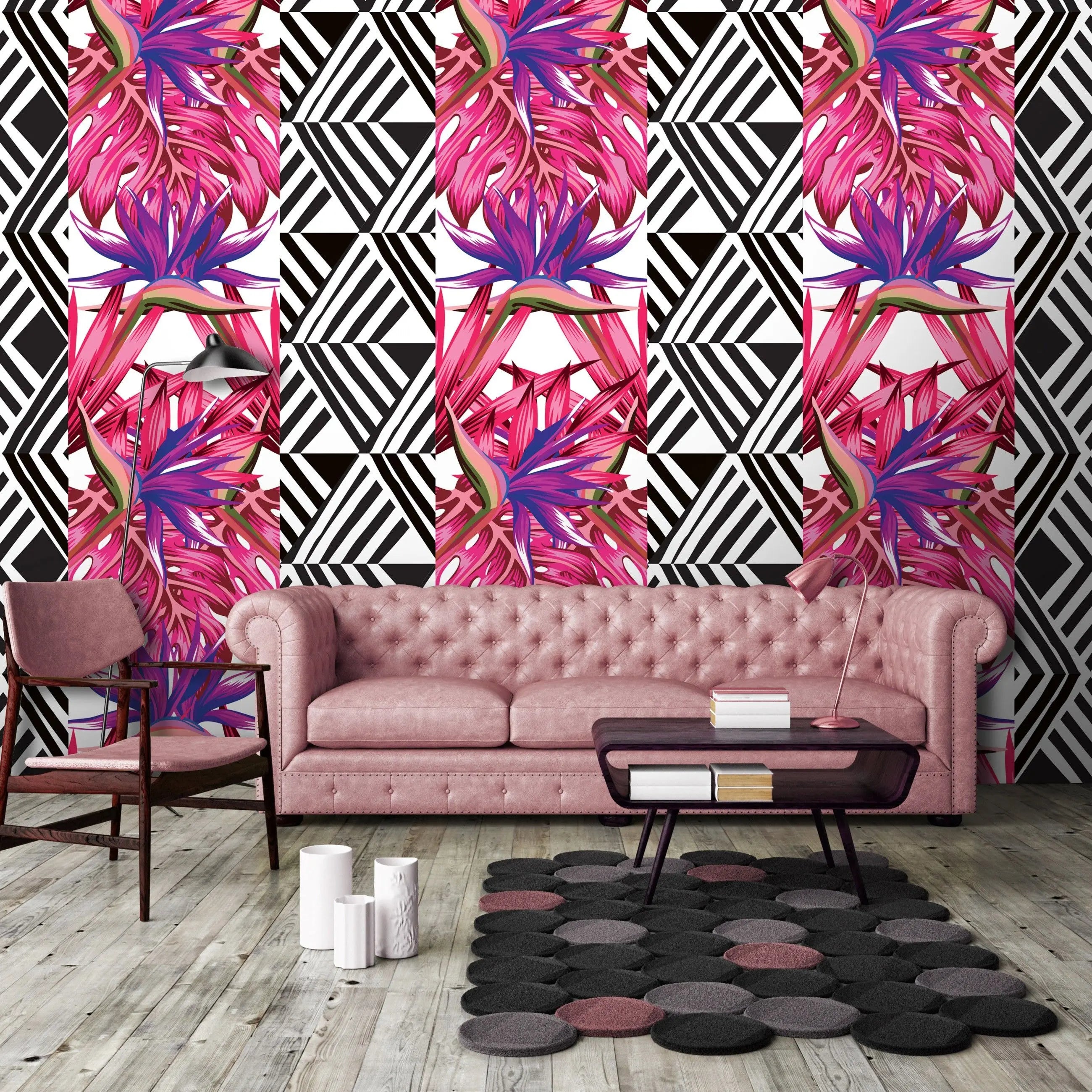 Billede 7 af Fototapet - Mønster med pink og lilla blomster og sort-hvide geometriske former