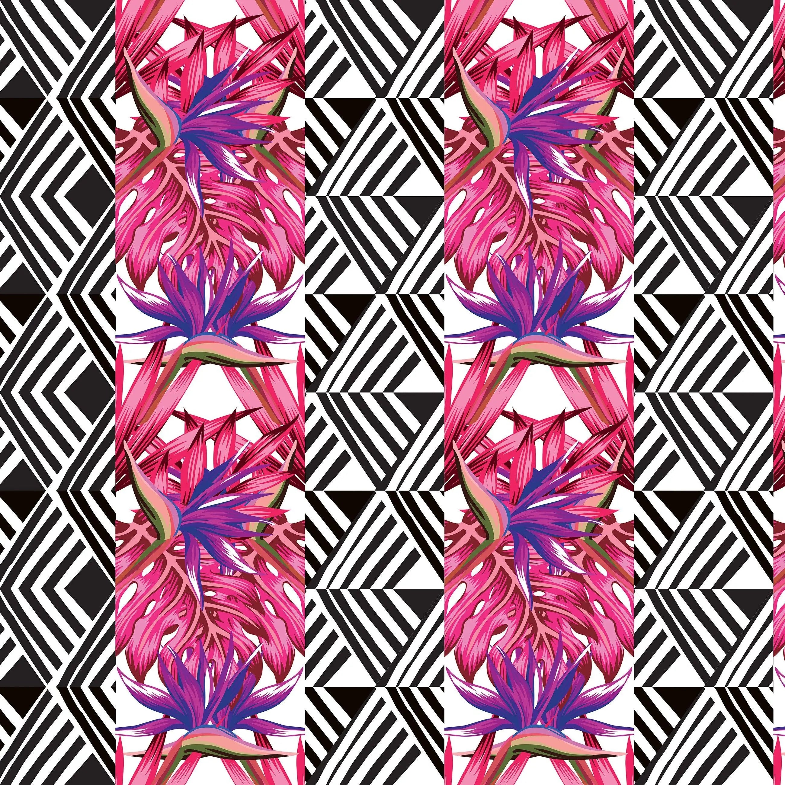 Billede 8 af Fototapet - Mønster med pink og lilla blomster og sort-hvide geometriske former