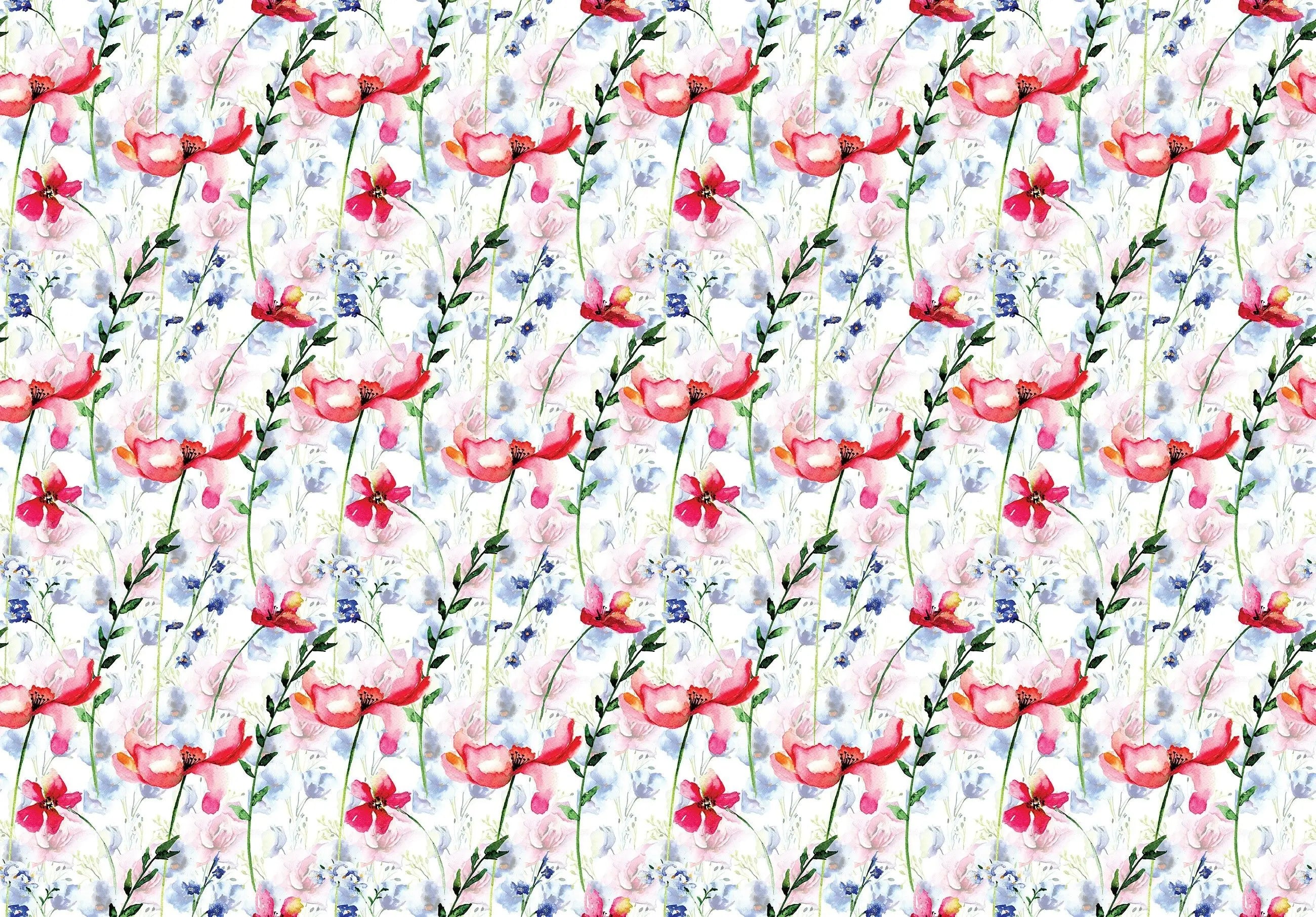 Billede 8 af Fototapet - Mønster med røde og lilla blomster på hvid baggrund