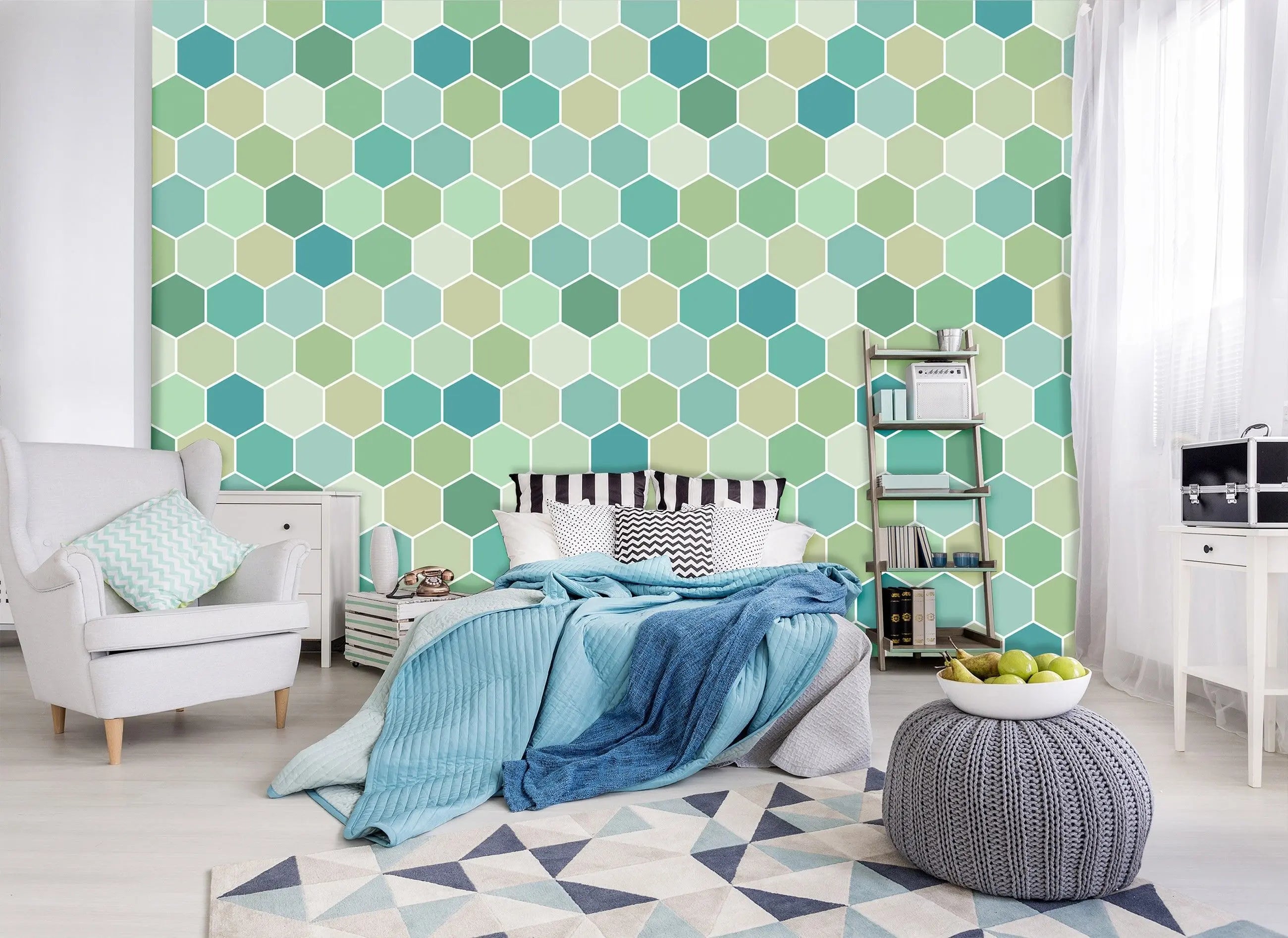 Billede 14 af Fototapet - Mønstret af grønne og blå sekskanter