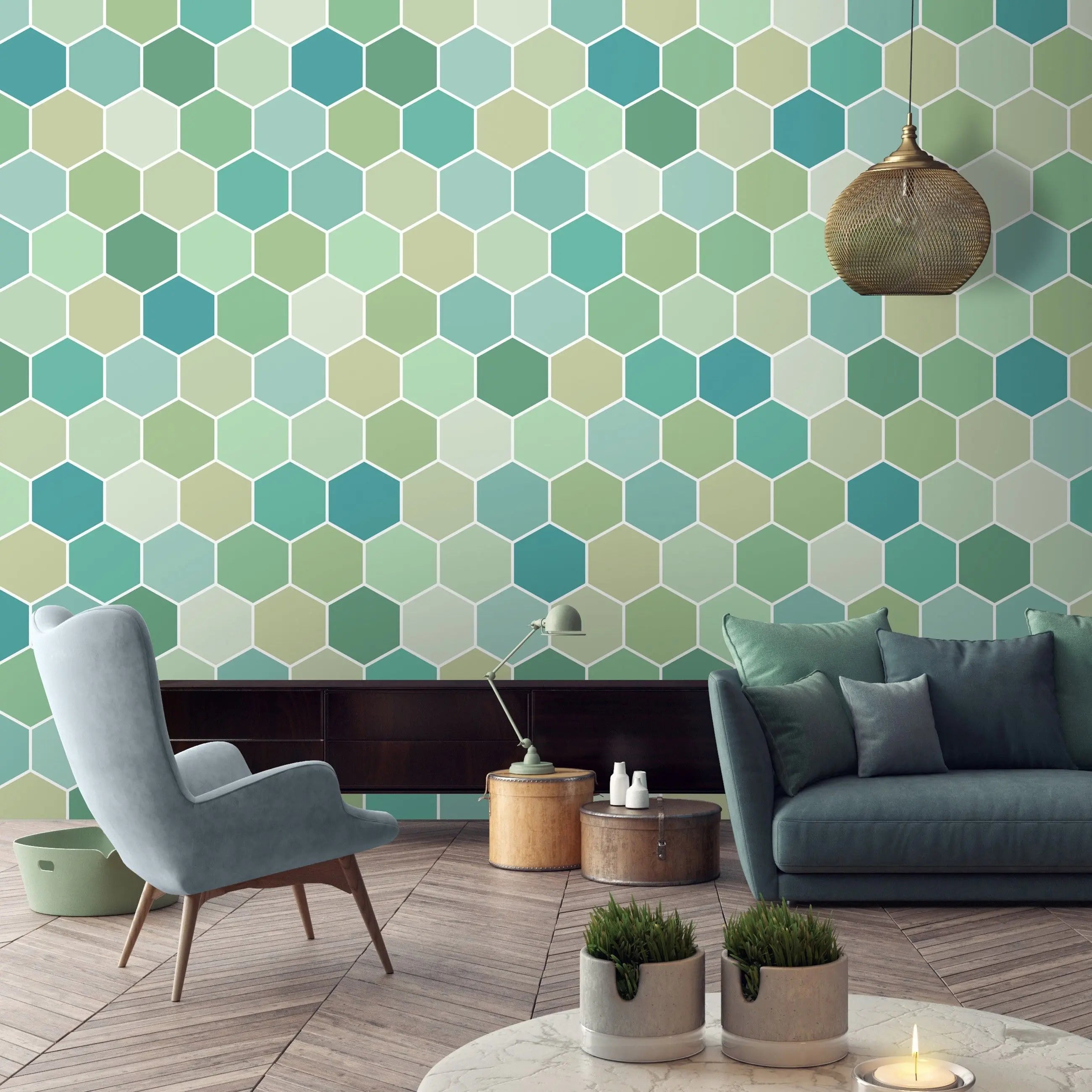Billede 15 af Fototapet - Mønstret af grønne og blå sekskanter